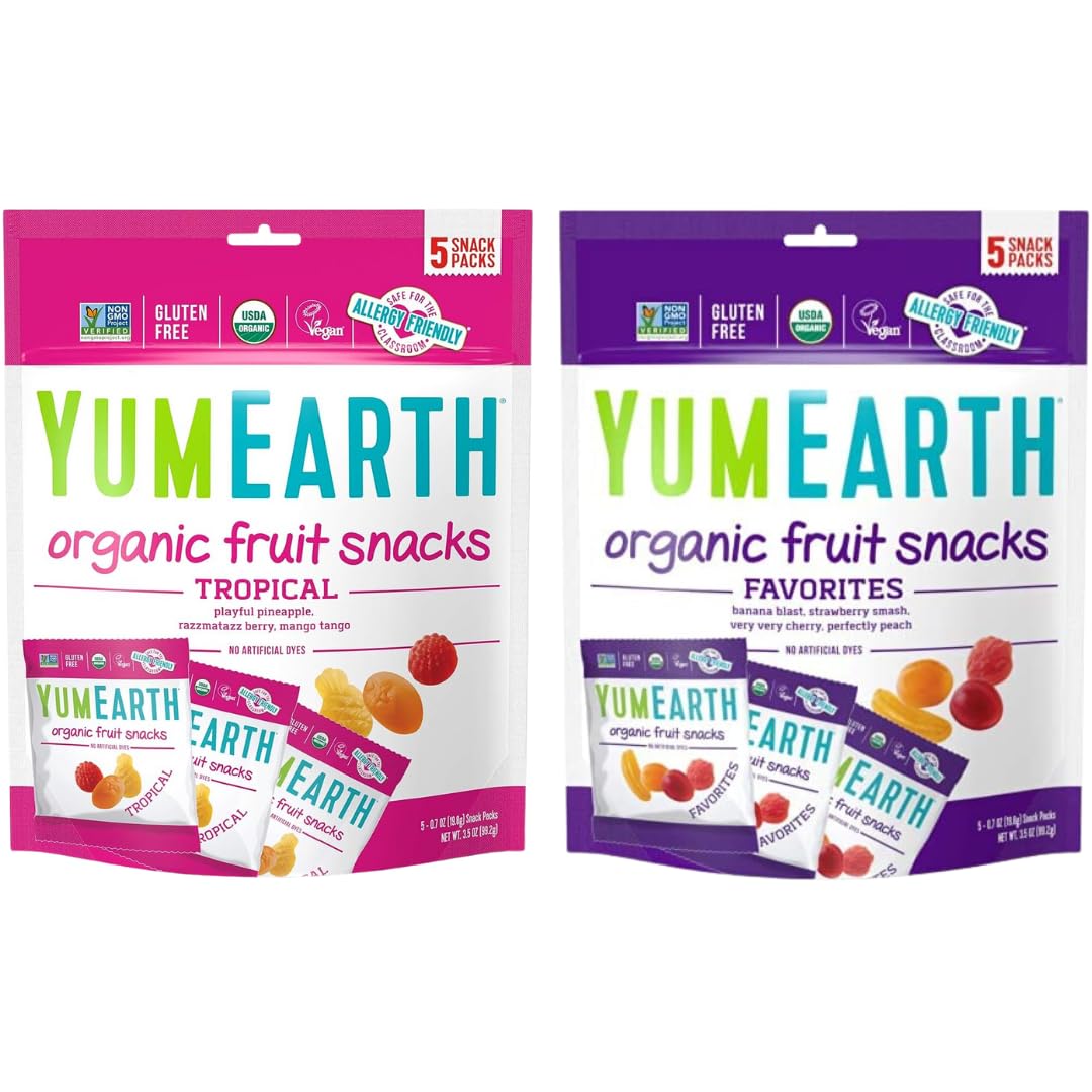 YumEarth Organic Fruit Flavored Snack Variety Pack, Tropical & Favorites - Allergy Friendly, Gluten Free, Non-GMO, Vegan, No Artificial Flavors or Dyes - 5-0.7oz. (Pack of 2)