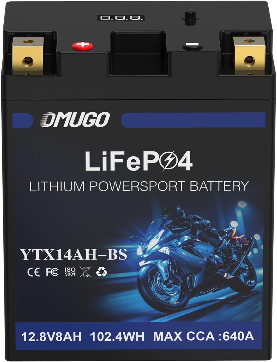 YTX14AH-BS Lithium Motorcycle Battery 12V 8Ah 640CCA LiFePO4 with MotoCore Protection – Powersports Replacement for ATV, UTV, Snowmobile, Jet Ski, PWC, Scooter, Riding Lawn Mower & Tractor