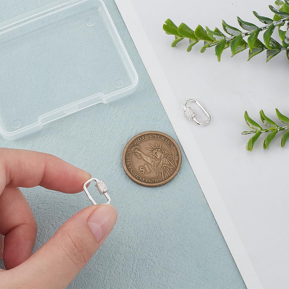 PH PandaHall 925 Sterling Silver Oval Screw Lock Charms 2pcs Small Carabiner Lock Clip Silver Cubic Rhinestones Screw Necklace Link Connector for Bracelet Keychain Jewelry Making 14.5x8.5mm - Image 2