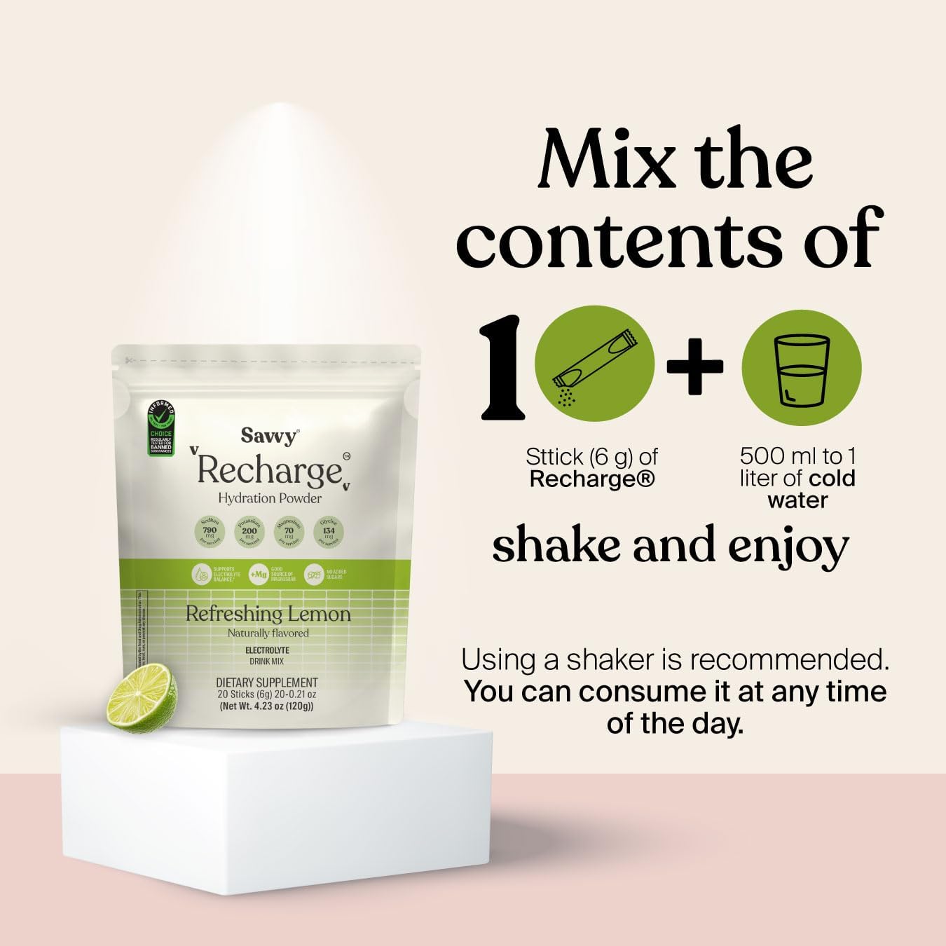 Savvy Recharge Electrolyte Powder, Sugar Free Conscious Hydration Drink with Sodium, Magnesium, Potassium & Glycine, Lemon Flavor, for Muscle Health, 20 Sachets of 6g