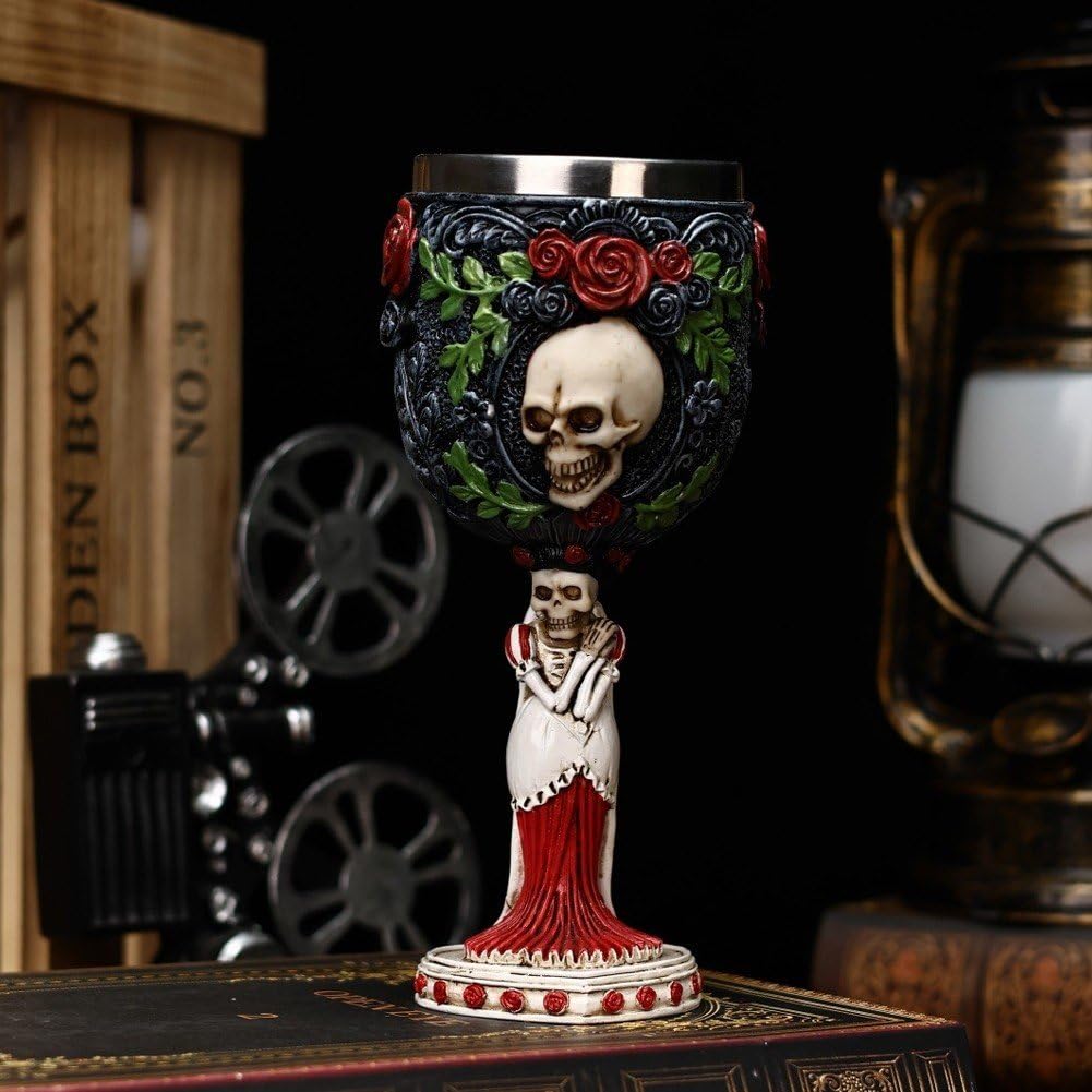 Gotycki kielich Dzień Zmarłych Szkielet Czaszka Czara Dzień Zmarłych Halloween Panna Młoda i Pan Młody Czarne Róże Kubek do wina Kubek do piwa