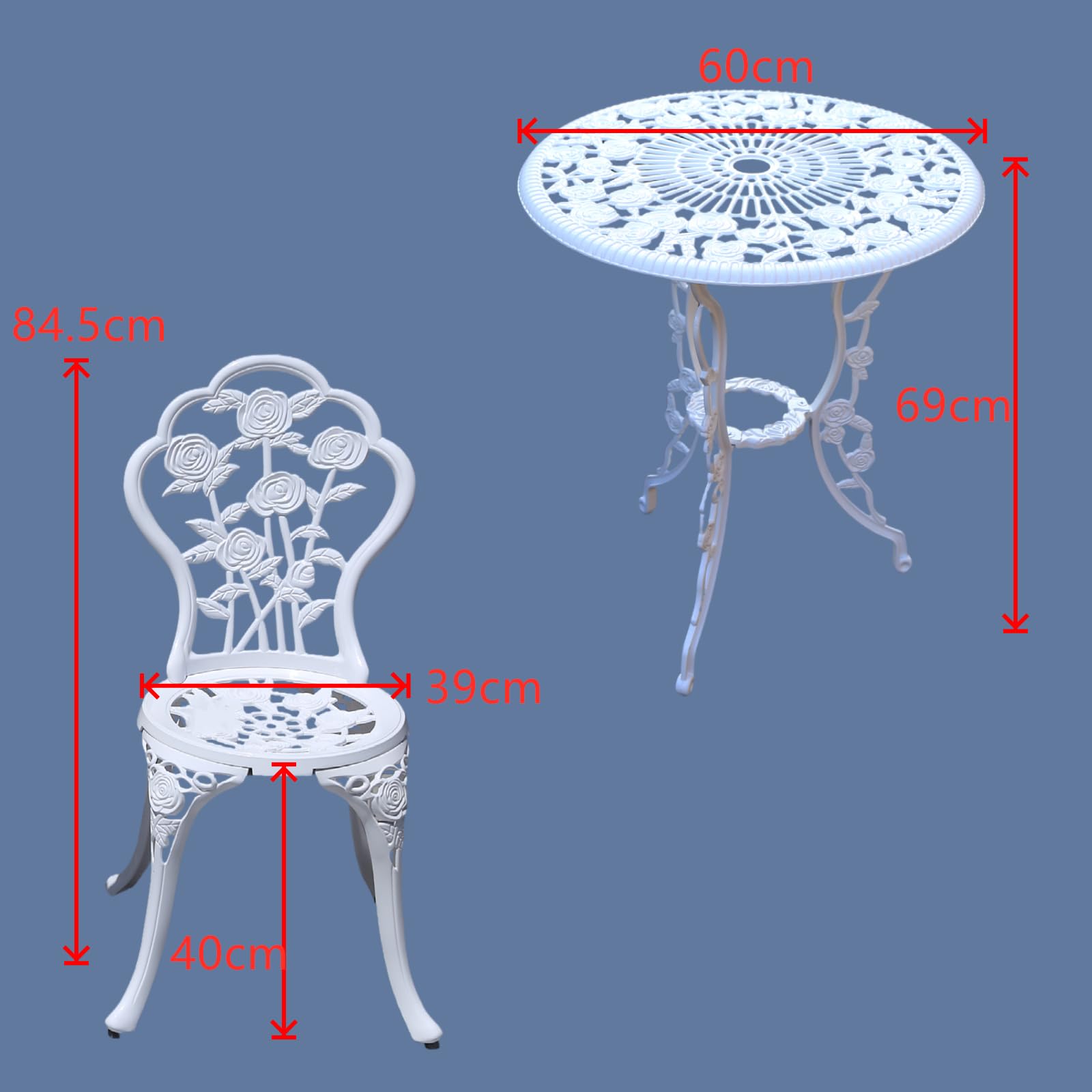 Outdoor Möbel Bistro Set mit Rose Muster 1 Tisch 2 Stühle für Garten Patio Veranda (Rose-weiß)
