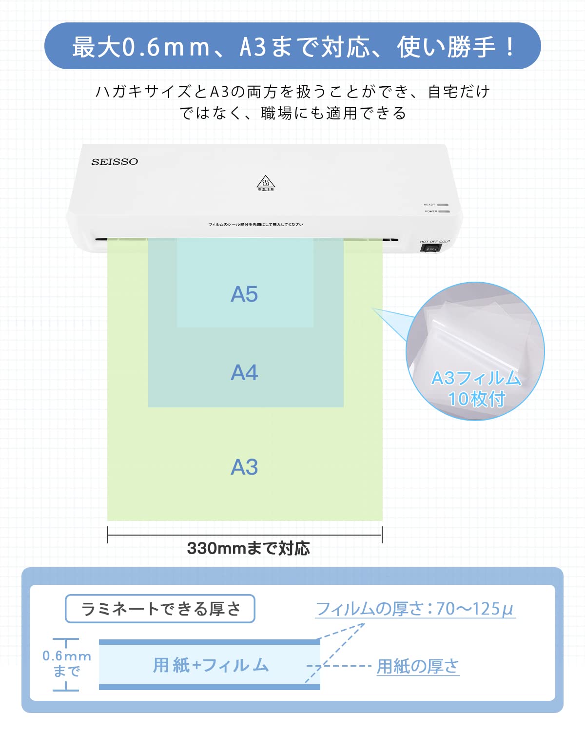 Amazon | SEISSO ラミネーター A3/A4/A5 75~125μフィルム厚対応 0.6mm