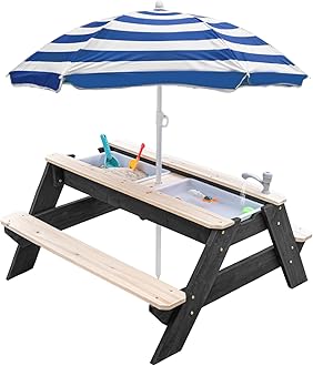 Kids 3-in-1 Sand & Water Table, Wood Outdoor Convertible Picnic Table w/Umbrella, 2 Trays, Removable Top with Faucet, Picnic Table for Outdoor (Black/Navy)