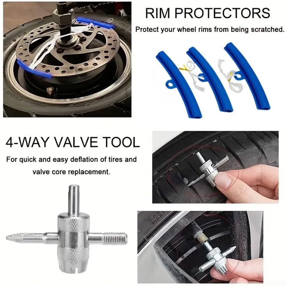 Professionelles Reifenentfernungs-Set mit breiten abgewinkelten Löffelspitzen und Ventilwerkzeugen für die Wartung und Reparatur von Autos mit zwei Rädern, Blau