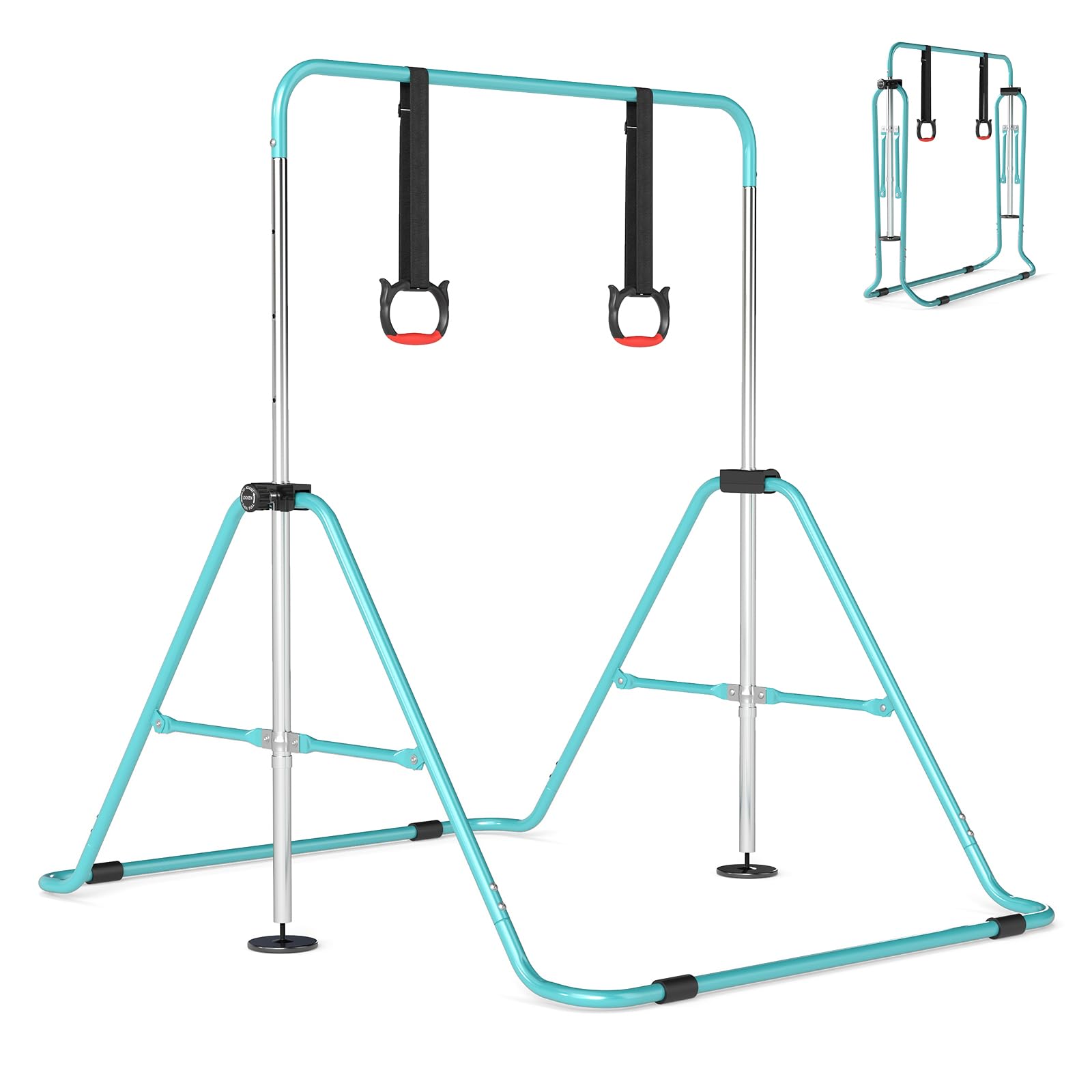 COSTWAY Gymnastikstange Kinder faltbar, Reckstange mit 4 Verstellbarer Höhen & Turnringe, horizontale Turnstange für Indoor & Outdoor, Turnreck erweiterbar für Kinder von 3-12 Jahren