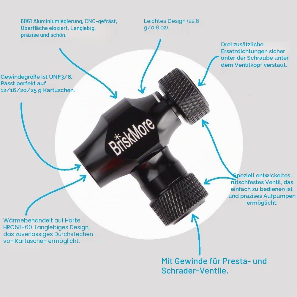 BriskMore CO2 Inflator Kit für Fahrradreifen, Presta- und Schrader-Ventil kompatibel, Fahrradreifenpumpe für Mountain- und Rennräder, inklusive Isoliermanschette