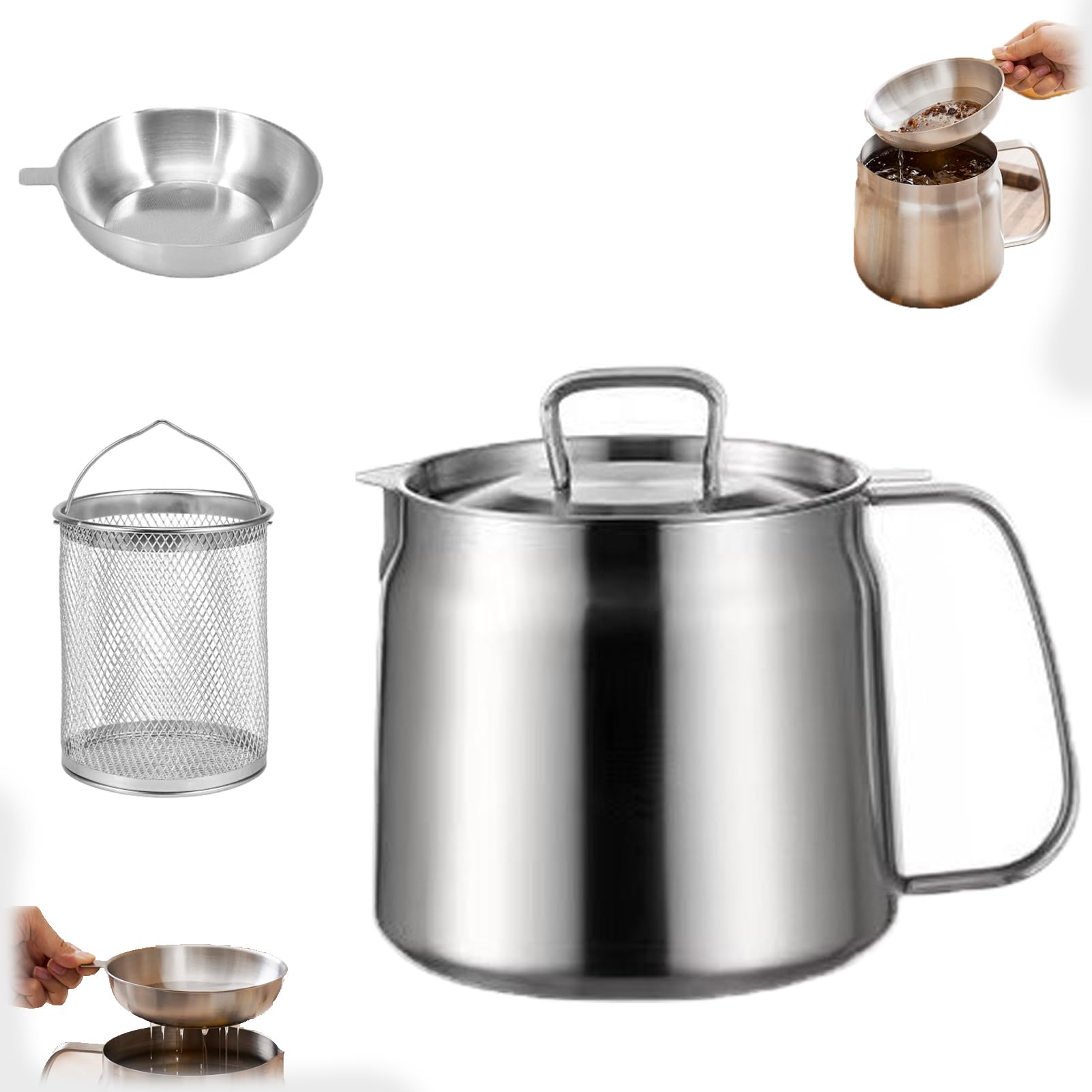 Rose and Teddy - Freidora de acero inoxidable, 2 en 1, freidora de acero inoxidable de 68 onzas con cesta y tapa, recipiente versátil de gran capacidad con filtro de aceite para cocina, almacenamiento