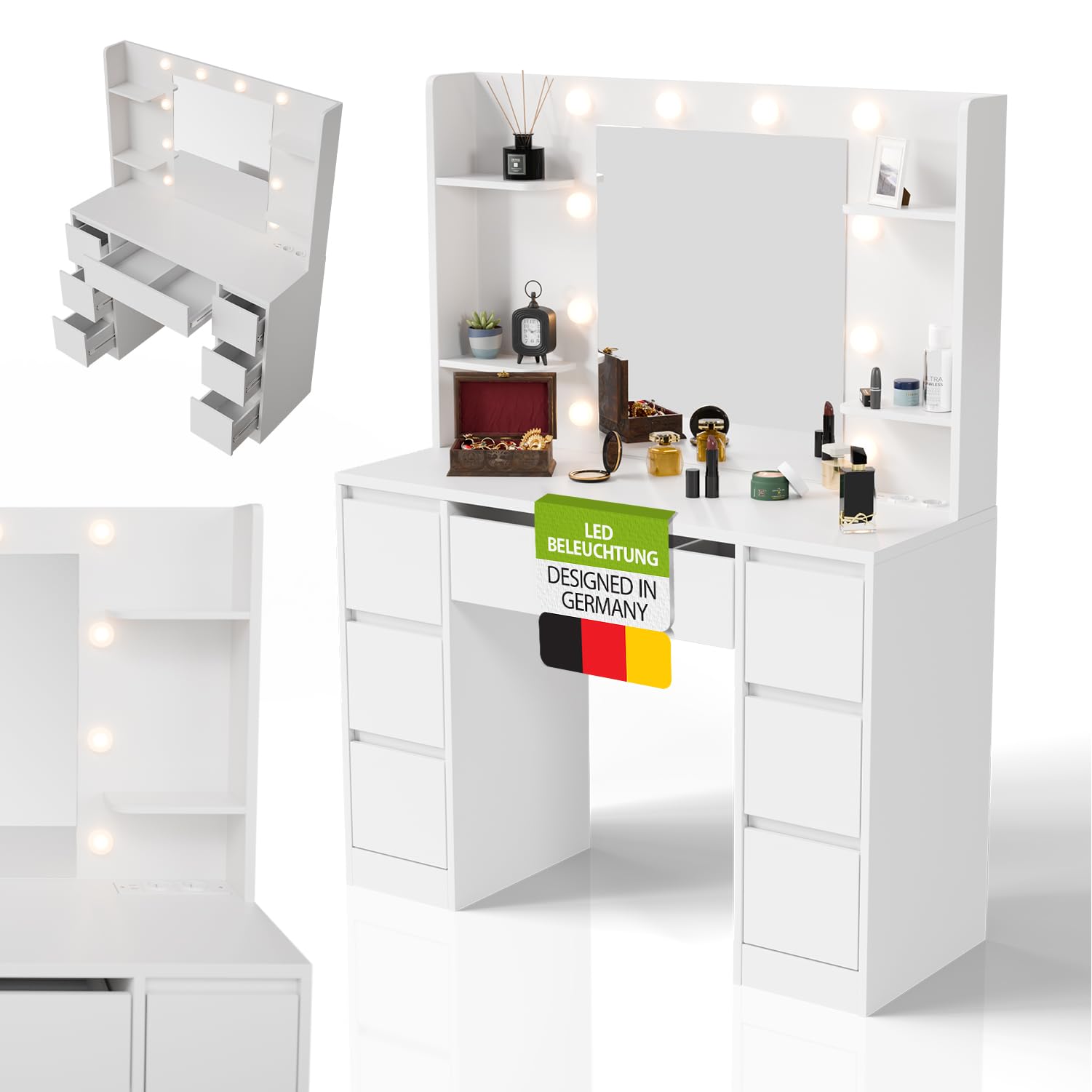 Juskys Schminktisch Malia mit LED-Spiegel, 107 cm Breite, 140 cm Höhe