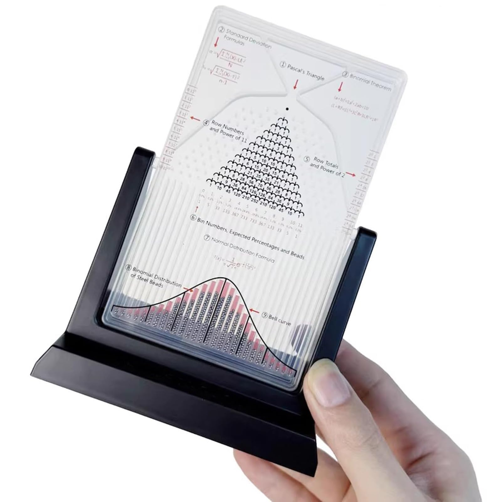 Lavagna Galton da scrivania, strumento didattico for laboratorio di fisica, strumento sperimentale for leggi statistiche efficaci, modello matematico di distribuzione normale con curva a campana