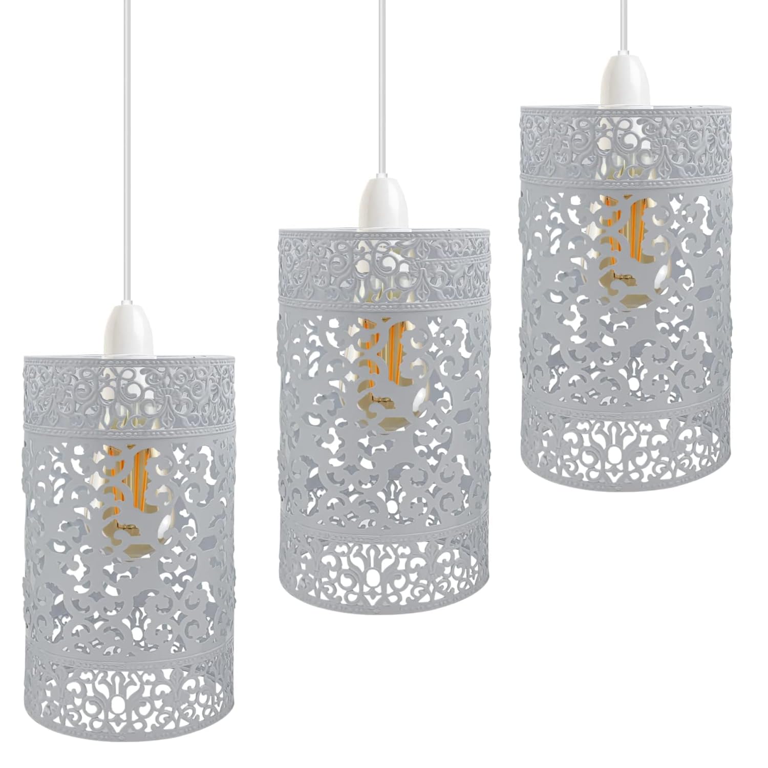 Modern Easy Fit E27 Base Industrial Pendant Metal Lamp Light Cages Modern Style Ceiling Pendant Lampshade Fitting for Bedroom, Living Room, Kitchen, Any Indoor Areas (White B6 3 Pack)