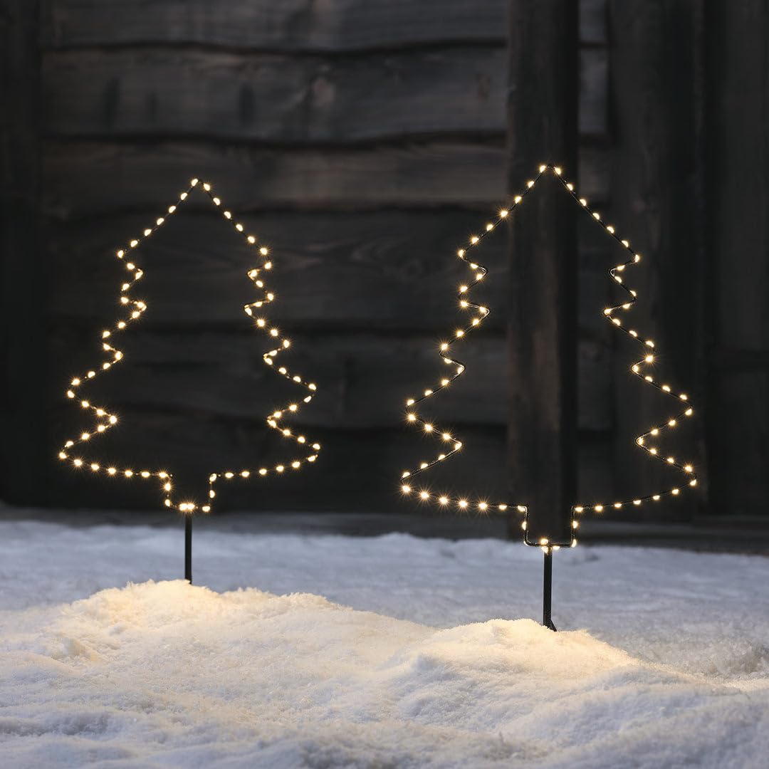 Lights4fun Lot de 2 Balises d’Extérieur Étoiles Lumineuses de Noël avec 142 Micro LED Blanc Chaud avec Minuterie Décoration de Noël pour Extérieur