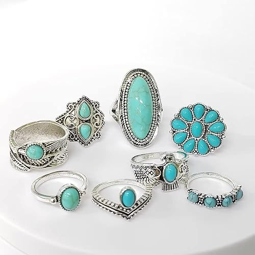 Vista 7 de Juego de anillos de turquesa occidental para mujer, anillos vintage para nudillos, anillos apilables de turquesa, trajes de concierto de campo