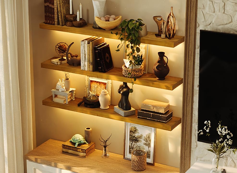 Image of ROGMARS 48 Inches Long Walnut Floating Shelves with Led Light | Rustic Solid Wood Farmhouse Wall Shelves with Invisible Brackets for Bedroom, Living Room, Kitchen, Bathroom Set of 3