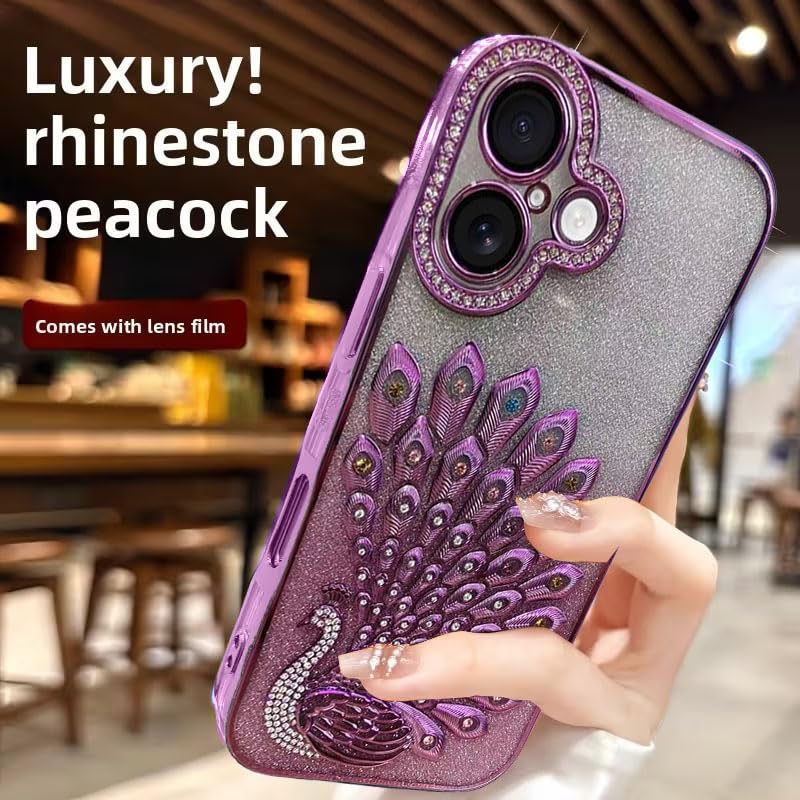 Image of mobistyle Designed for iPhone 16,3D Diamond Luxury Electroplate Glitter Peacock Tail Bling Design Camera Protection Shockproof Phone Back Cover Case for (Pink, iPhone 16)