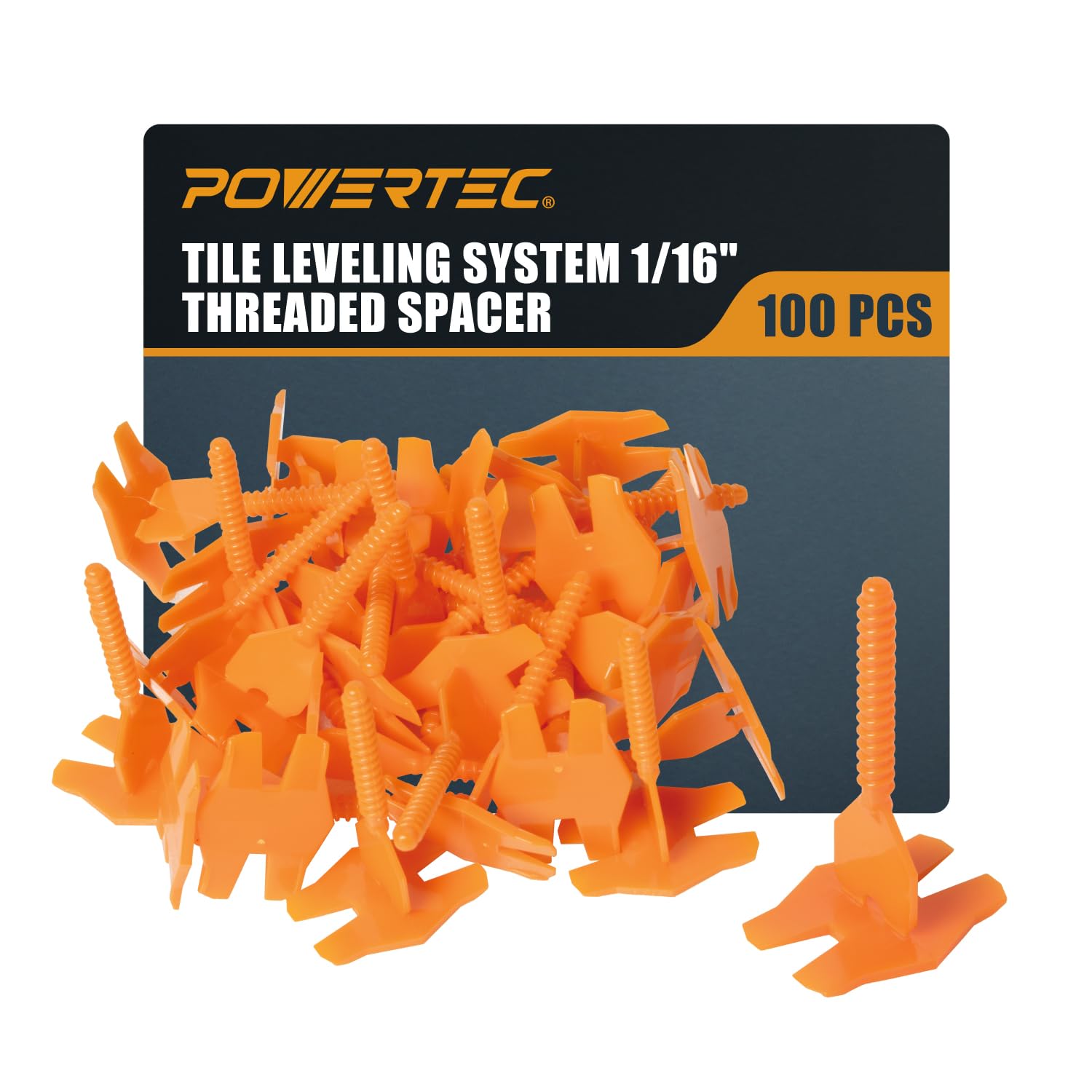 POWERTEC Sistema de nivelación de azulejos con clips espaciadores roscados de 1/16 pulgadas, correa de base plana para espaciar y nivelar azulejos, 100 piezas (72107)