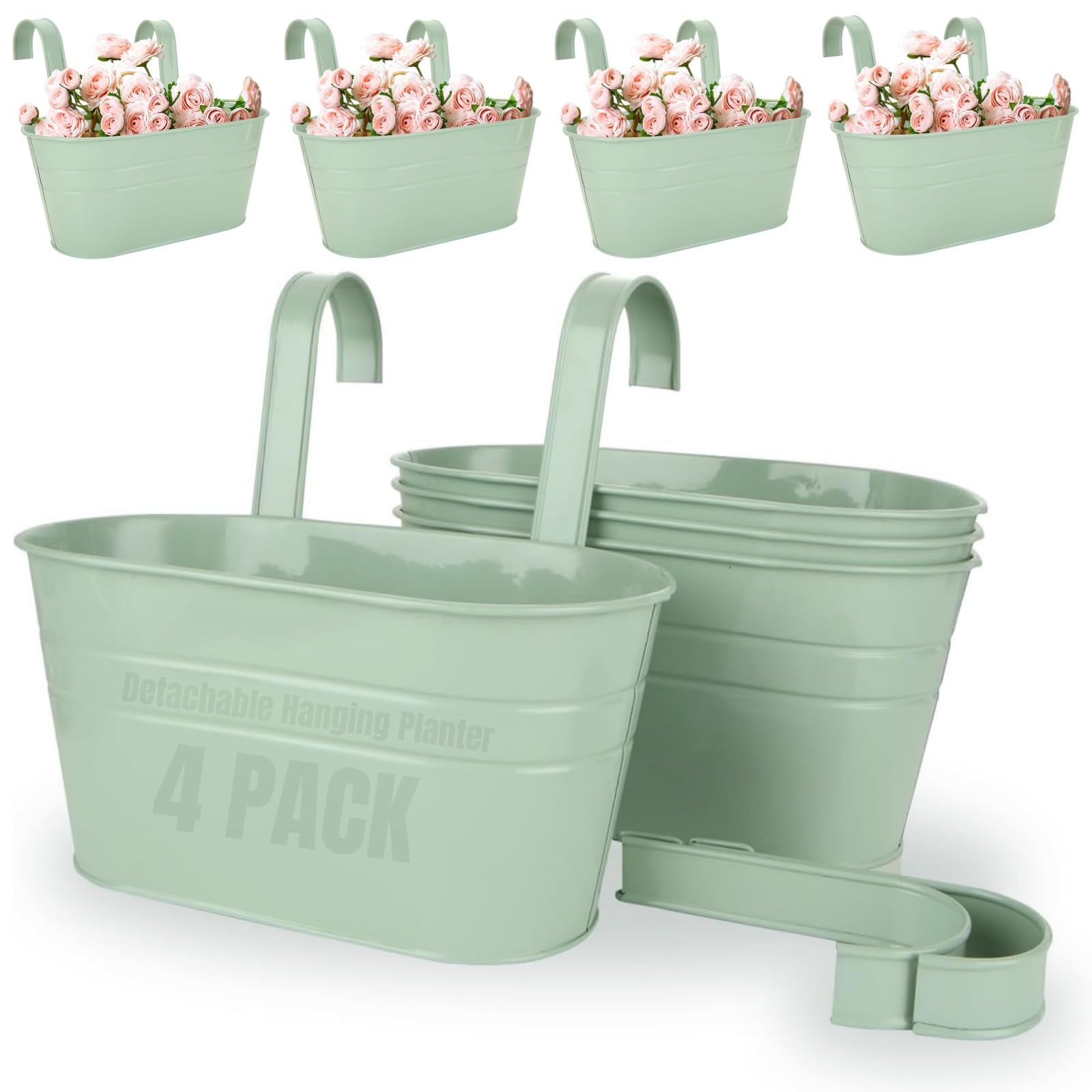 LDHHYH 4PCS Hanging Plant Pots,27.5cm Over Fence Planters for Balcony Railing, Metal Fence Hanging Planters with Detachable Hook & Drain Hole, Hanging Planters Pot for Railing Fence Balcony Garden