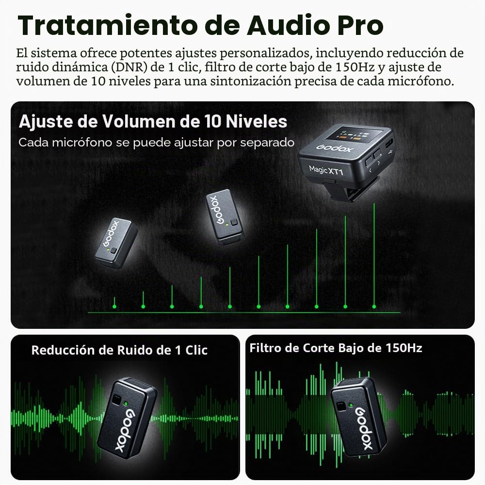 GODOX Magic XT1 Micrófono corbata inalámbrico para cámara (2 TX + 1 estuche de carga RX), mini micrófono con cancelación de ruido, batería de 16H, pantalla táctil 200 m