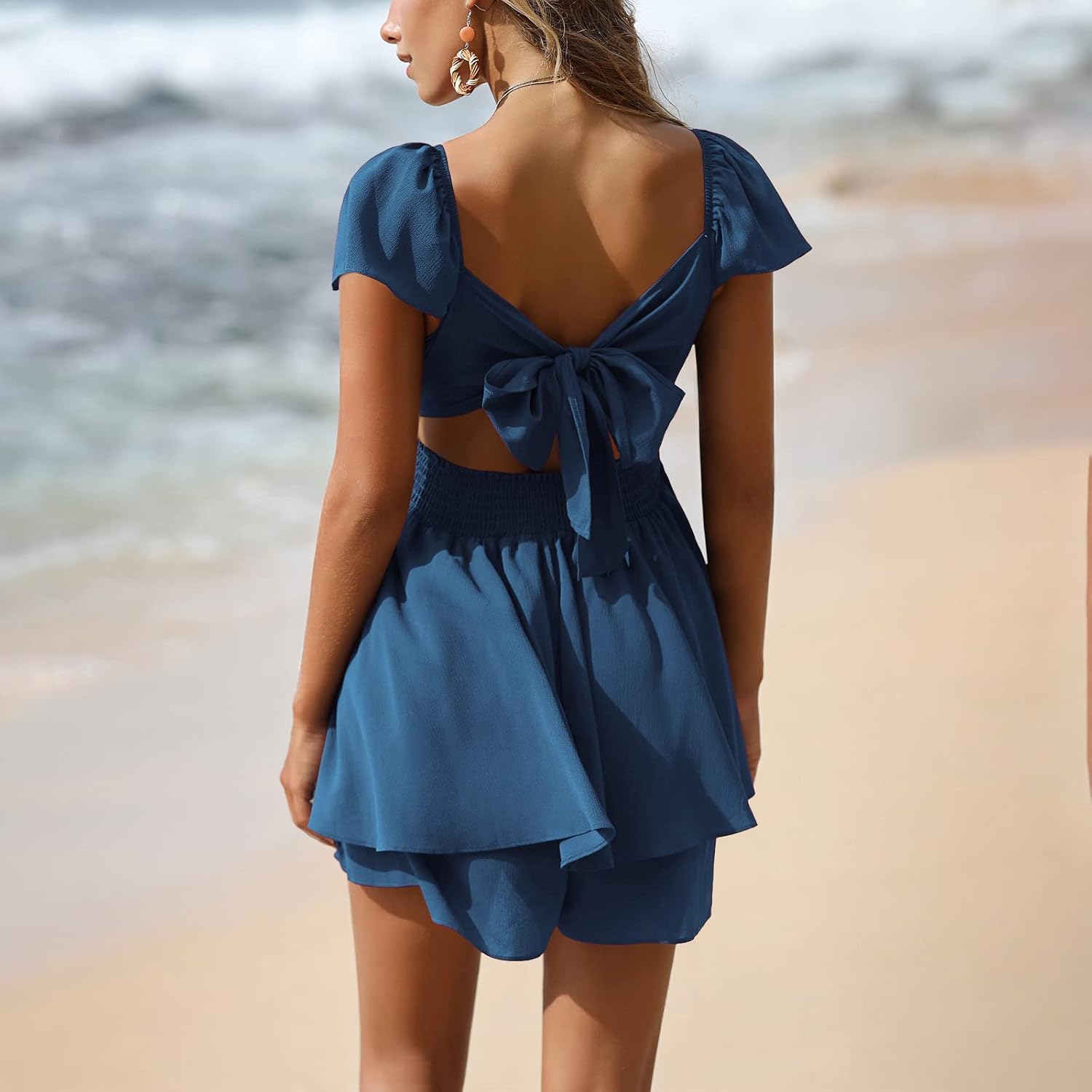 EXLURA Women's 2026 Summer Ruffle Short Sleeve Tie Back Romper Dress Square Neck A Line Cute Dressy Short Jumpsuits - Image 2