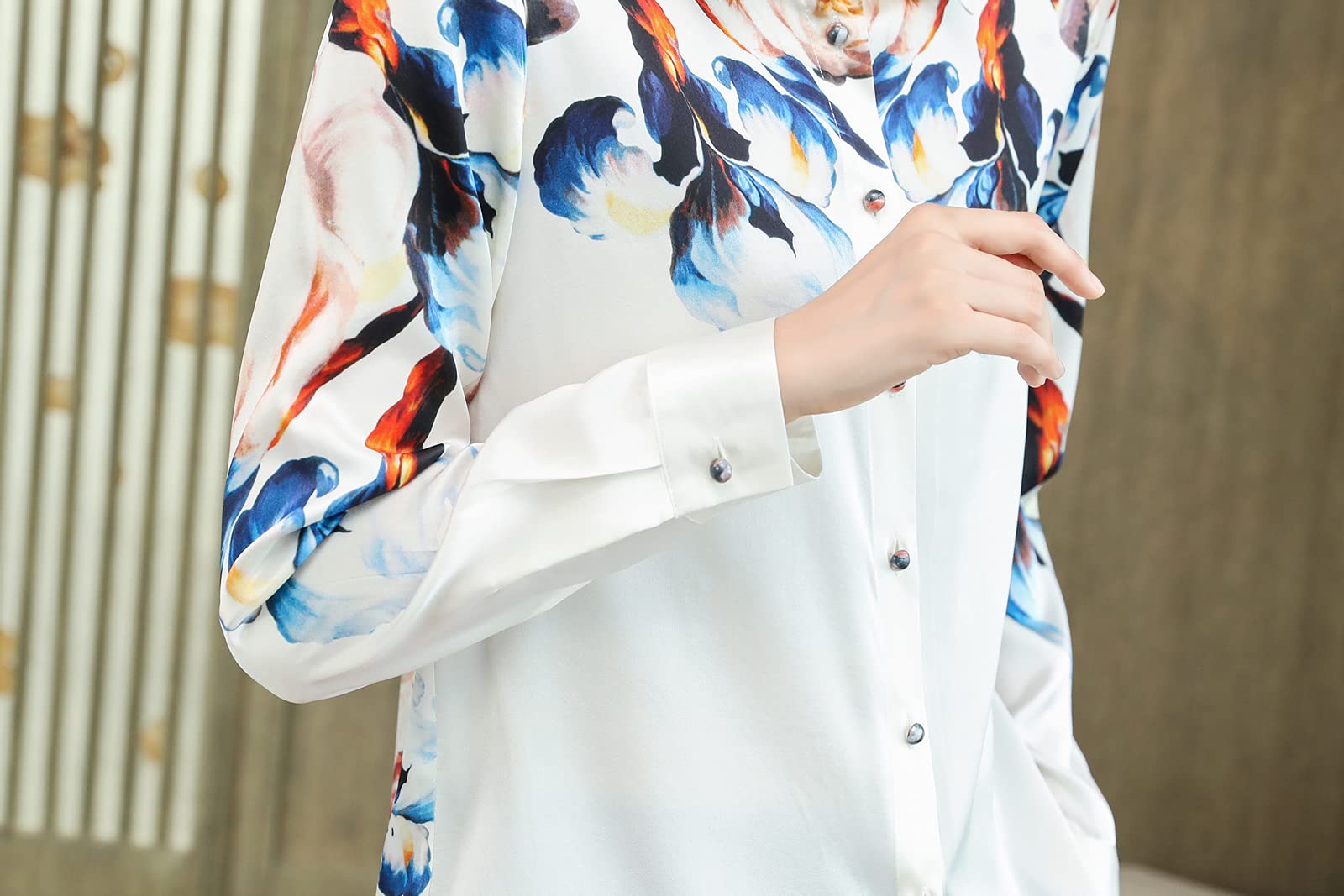 Valin S9099 - Camicia da donna con stampa a bottone, a maniche lunghe, in seta