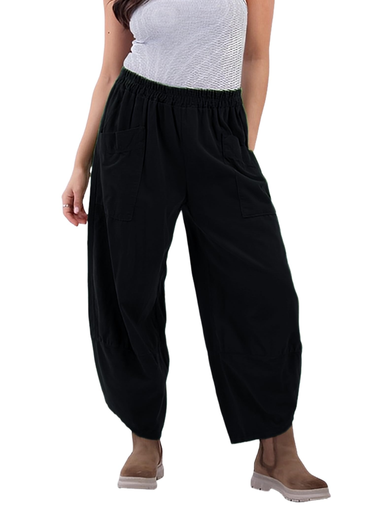 Gozoloma Womens Lightweight Corduroy Wide Leg Barrel Pants Casual Baggy Elastic Waisted Palazzo Pants with Pockets
