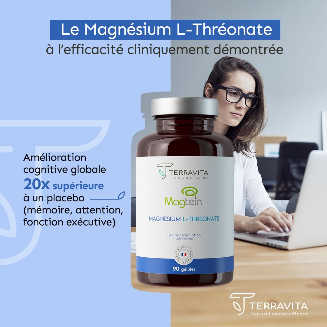 Magnésium L-Thréonate Magtein® | 2000 mg par Dose | Capacités Cognitives : Apprentissage, Mémoire et Concentration | Assimilation Cérébrale Inégalée | 90 Gélules Vegan | Made in France | Terravita
