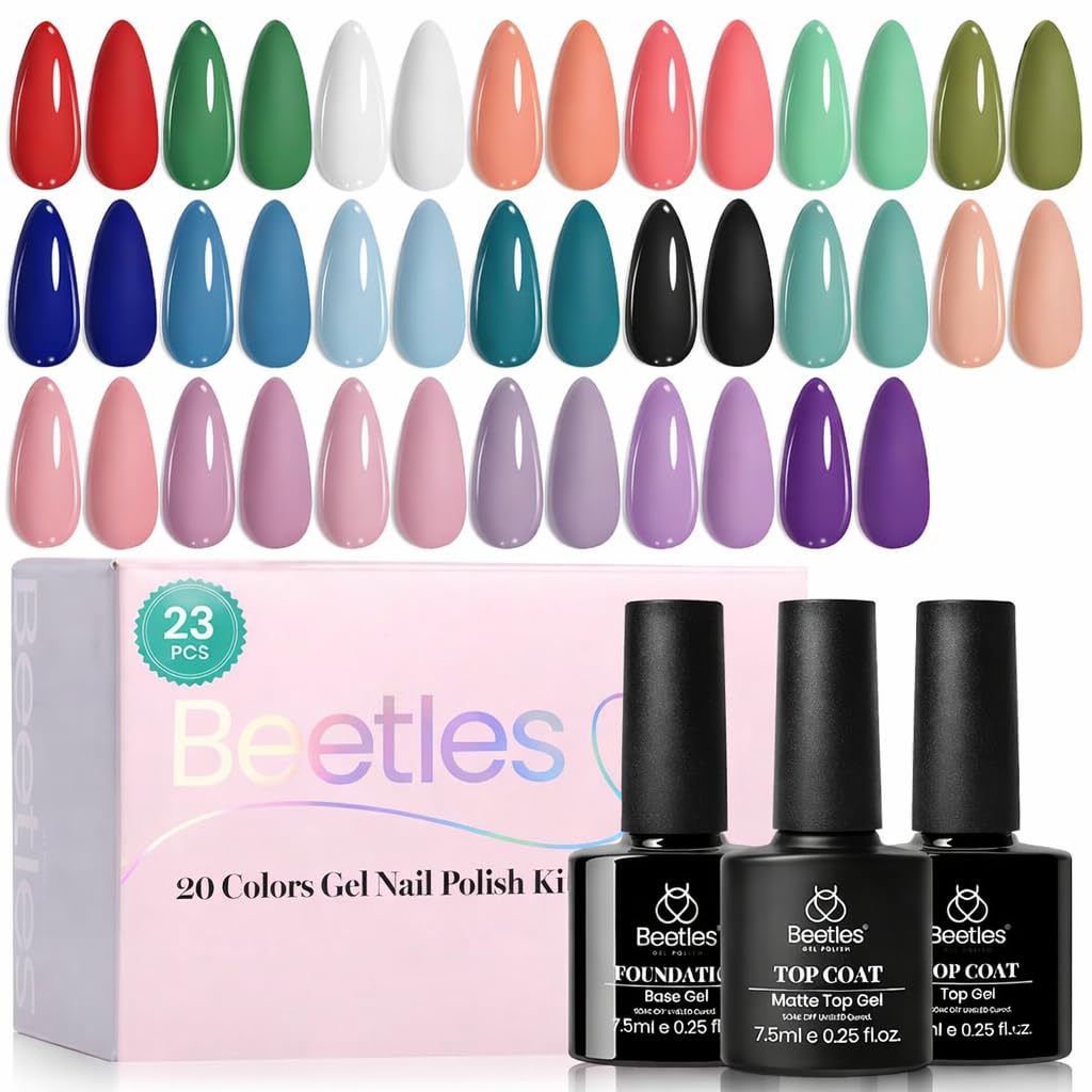 Beetles Summer Gel Polish Set - 20 Colors Red Green White Black Nude Gel Nail Polish with Base Top Coat Trendy Colors UV LED Lamp Salon DIY at Home Nails Gifts for Women Vibrant Subtle