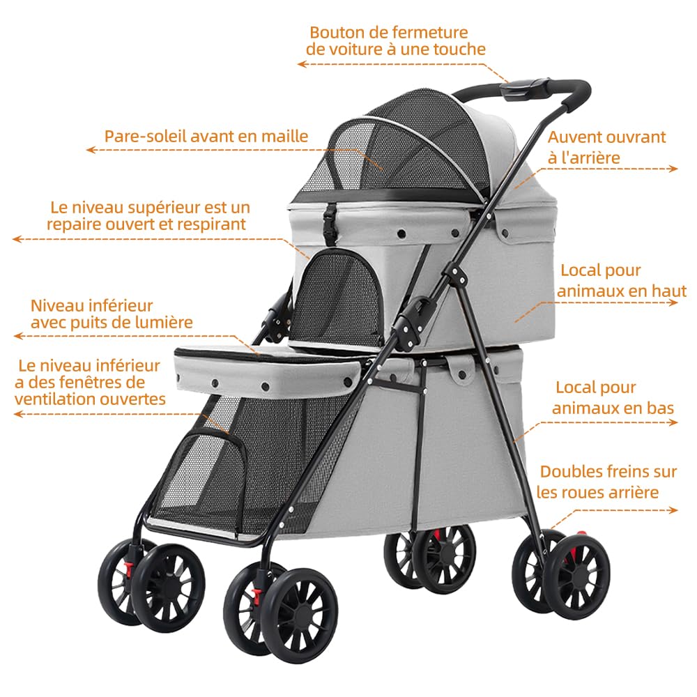 Passeggino a doppio strato, per cani, gatti, animali, viaggi, passeggino, pieghevole, cane, gatto, a quattro ruote, carrozzina, passeggino Buggy, 67 x 50 x 95 cm, grigio