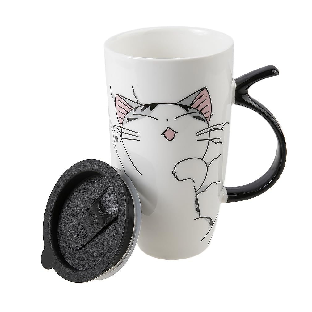 lachineuse Funny Cat Mug 600 ml Large XXL White Porcelain Mug Japanese Tea and Coffee Cup with Insulated Lid Kawaii Lucky Cat Mug Japan Asia Gift Idea Mug Giant Mug