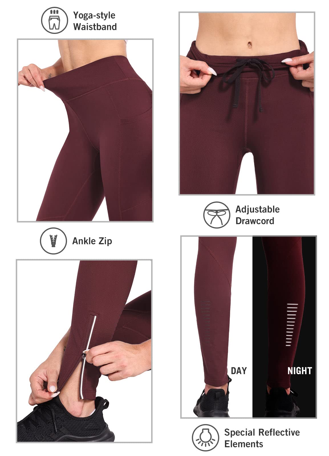 baleaf Legging doublé en polaire pour femme - Résistant à l'eau - Collants de course à pied - Pantalon de randonnée par temps froid - Poches zippées