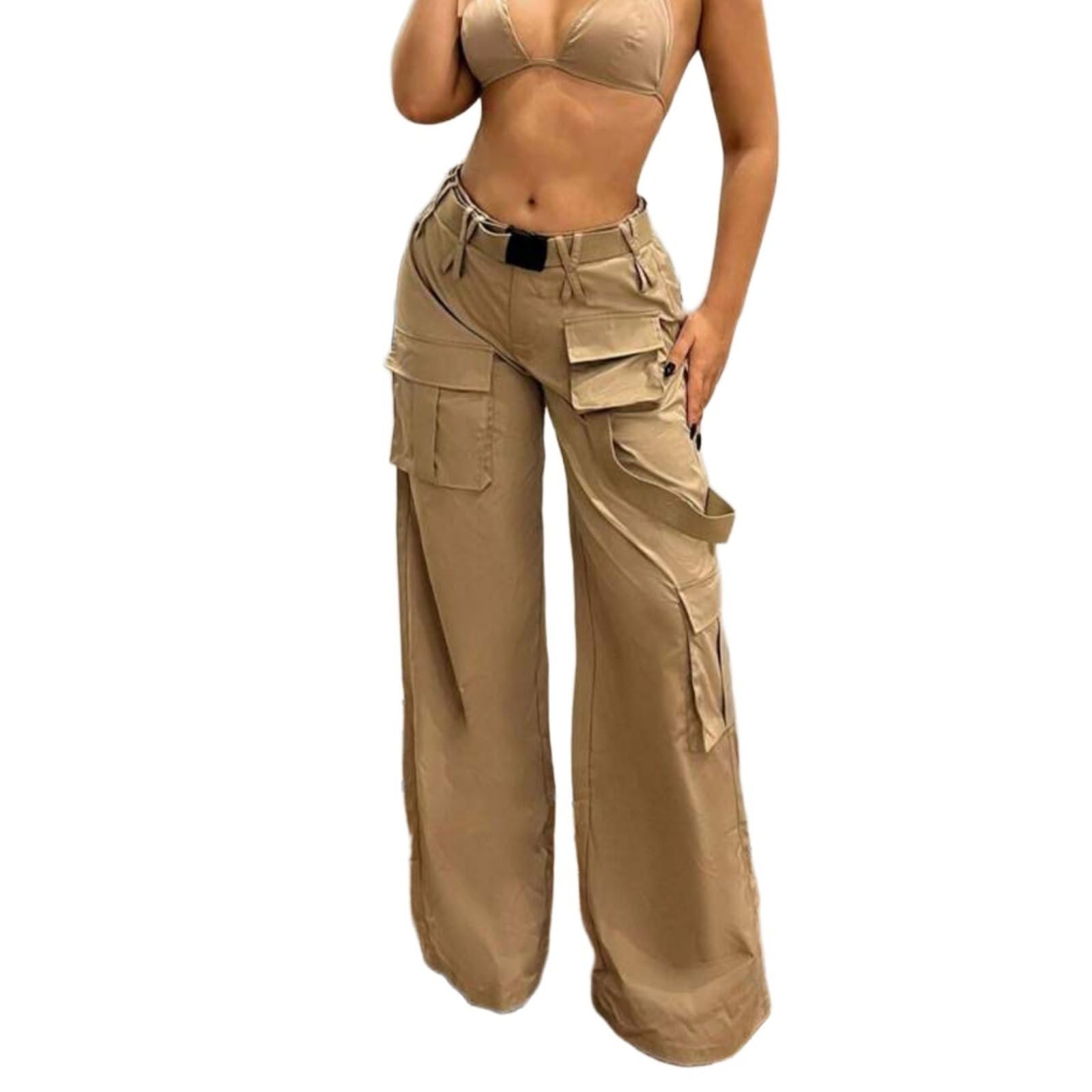 Straight Leg Cargo Pants for Women Vintage Mid Waisted Loose Pants with Multiple Pockets