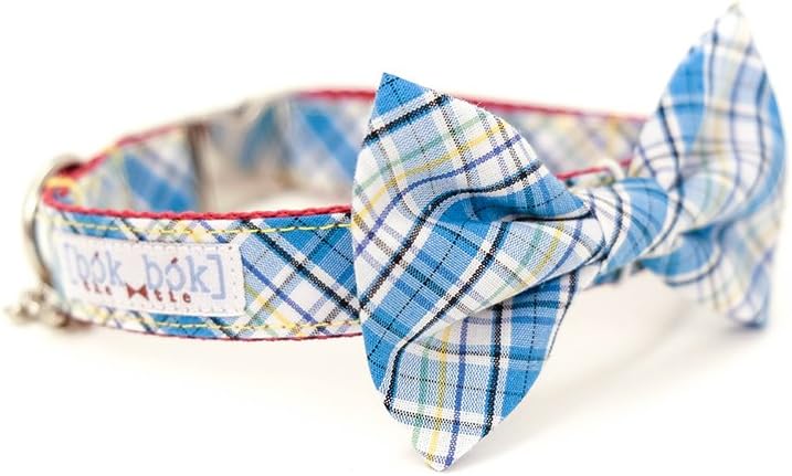 White Sky Tartan - Hand Stitched Dog Cat Pet Bow Tie with Collar Accessory (Large)