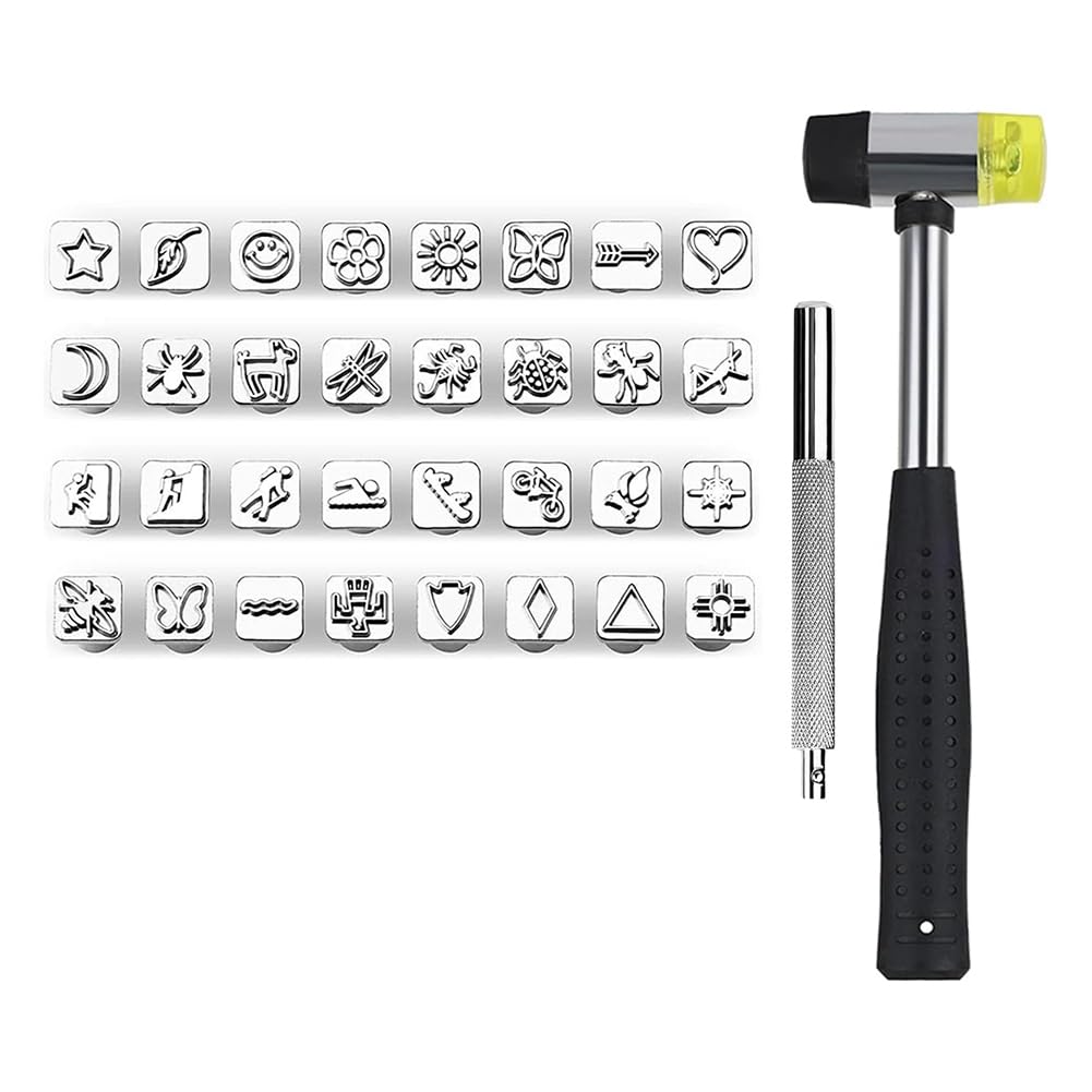 Littimoon Leather Stamping Tools, with 1 Rubber Hammer, 1 Leather Punch Tools, Carving Tools