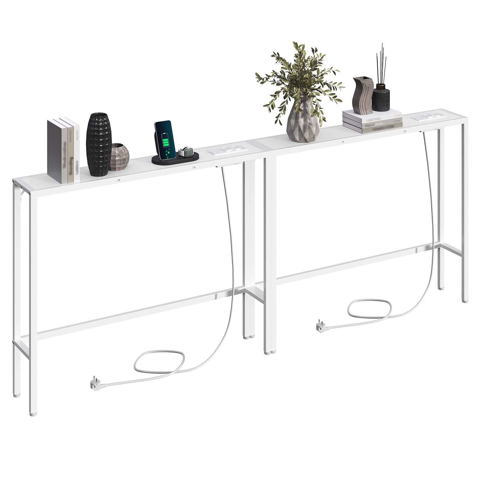 MAHANCRIS Juego de Dos Mesas de Entrada de 100 cm, Aparadores con Enchufe y Puerto USB, Mesitas Auxiliares de Sofá Largas y Estrechas, para Pasillo, Salón, Blanco ACTWT968UE01S2