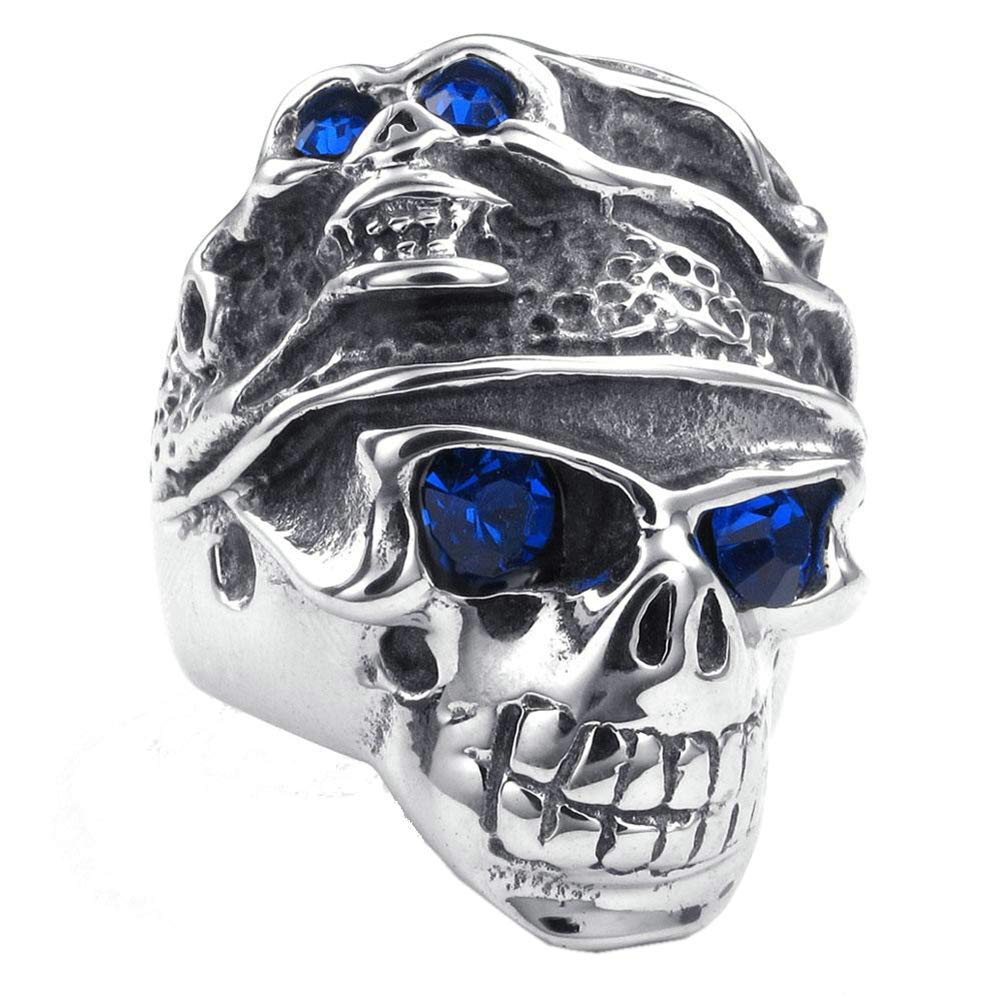 jonline24h Mens Stainless Steel Ring, Gothic Tribal Skull Band, Blue Silver