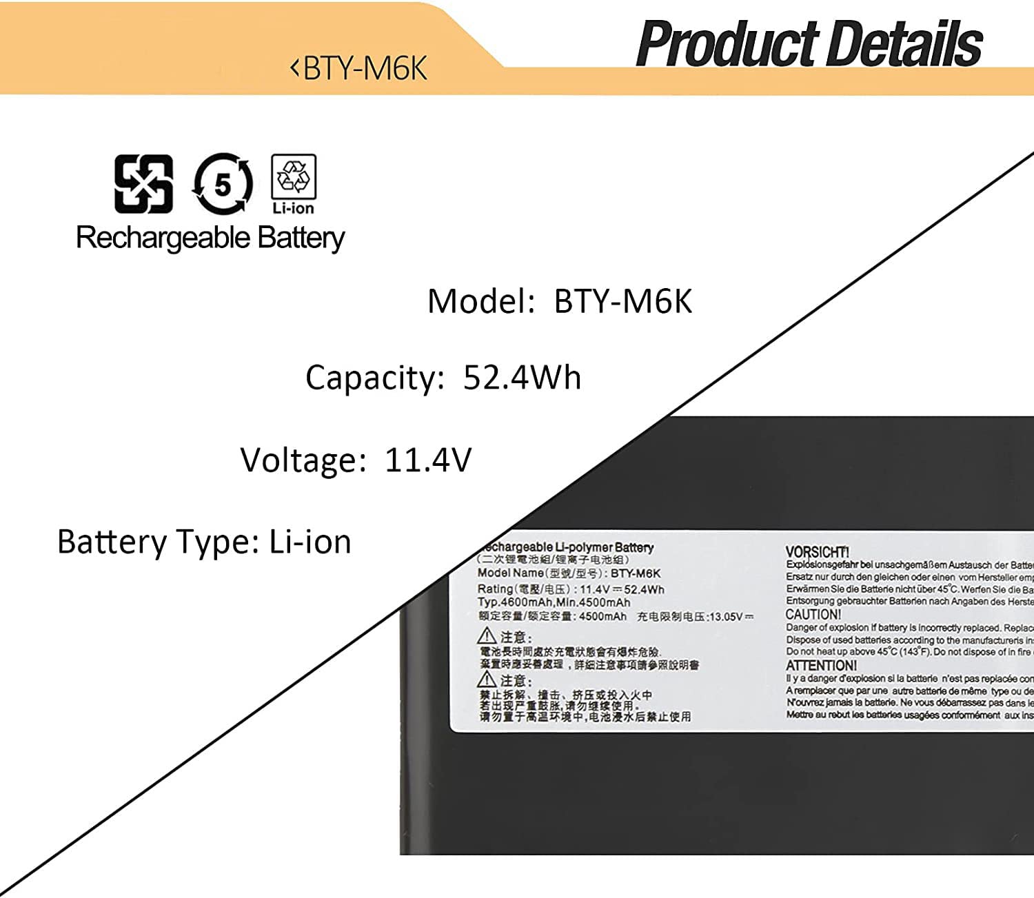 11.4V 4500mAh/52.4Wh BTY-M6K笔记本电脑更换电池兼容Compatible for
