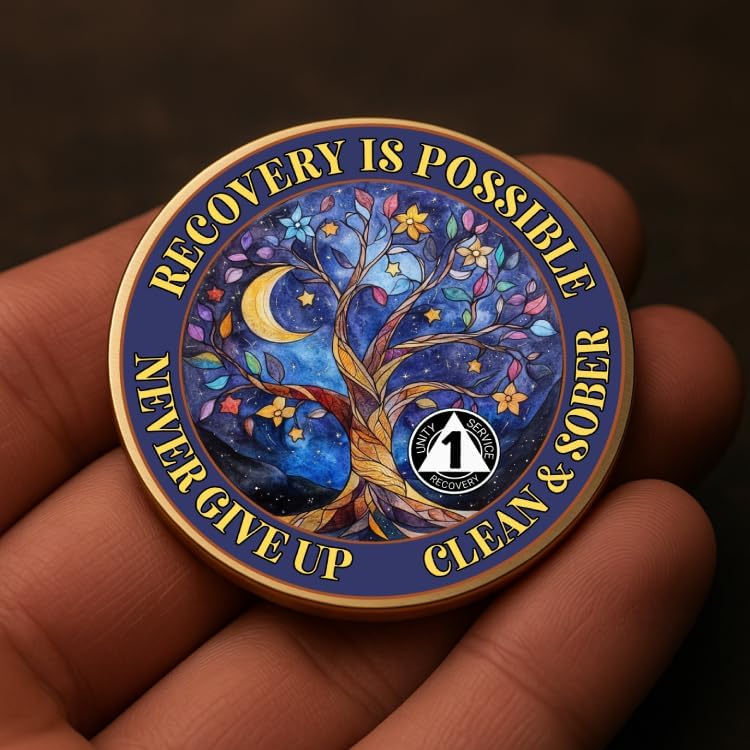 Custom Affirmation Sobriety Coin, Recovery Milestone Token, AA Sobriety Chip, One Day at a Time Reminder, Sober Anniversary Gift, Personalized Sobriety Coin Tree of Life (Rose)