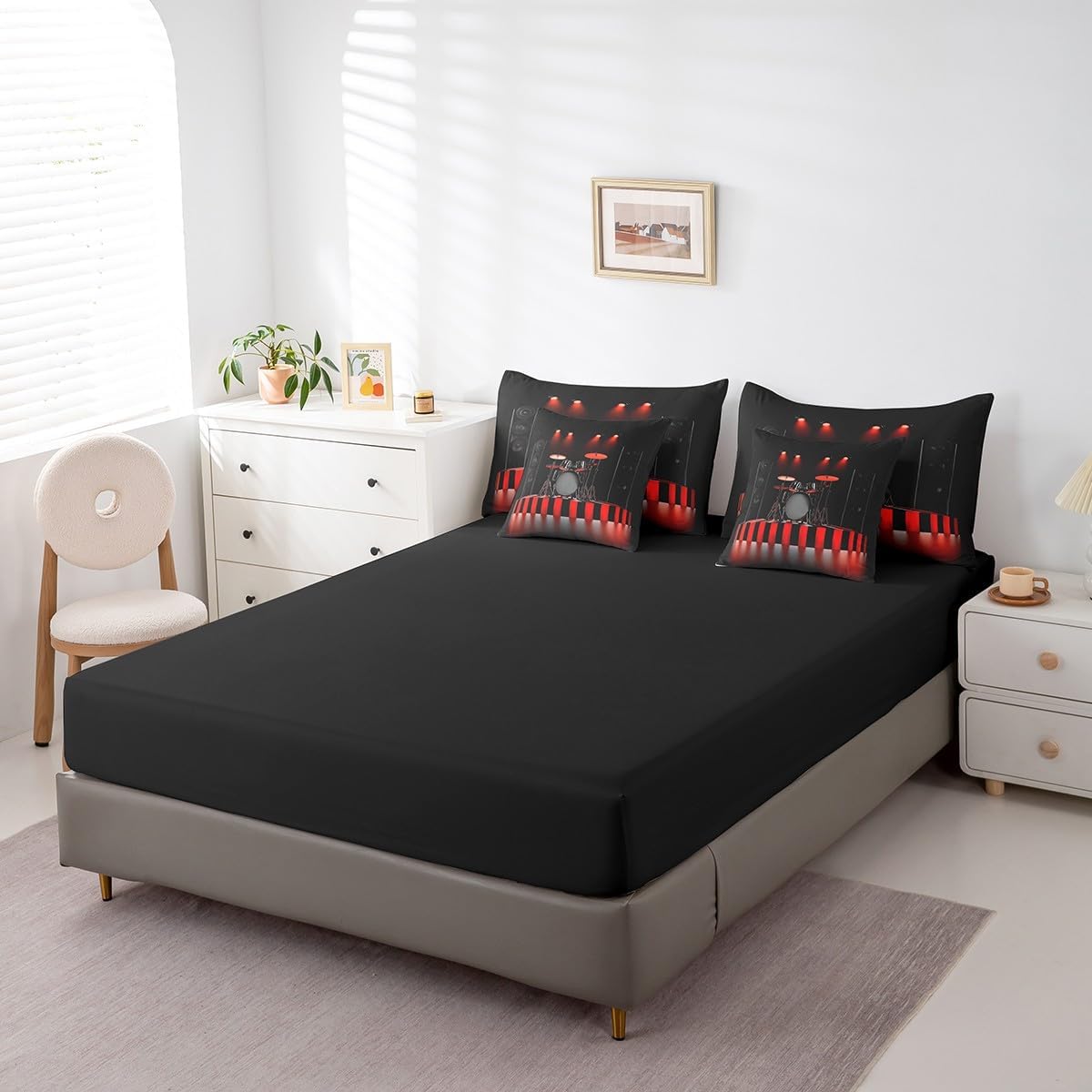 Erosebridal Drum Kit Queen Comforter Set 7 Piece,Rock Music Bed in A Bag with Sheets for Kids Boys Teen Men Musical Instrument Bedding Set Reversible Black Bed Set with Comforter image 5