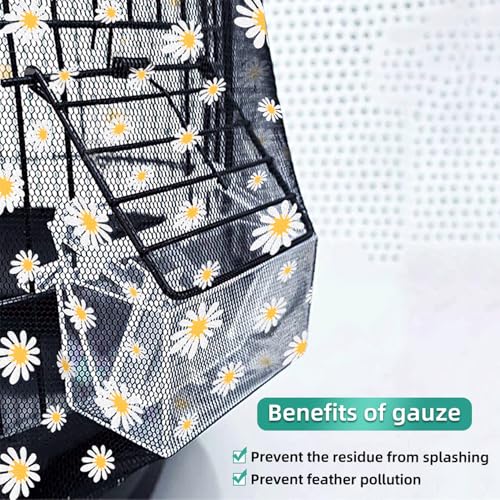 Image of Bird Cage Seed Catcher, Seed Catcher Guard Net Cover, Parrot Nylon Mesh Net Cover, Universal Soft Airy Cage Net Stretchy Skirt for Round Square Cages (Daisy-Black, 15.7 inch x87 inch)