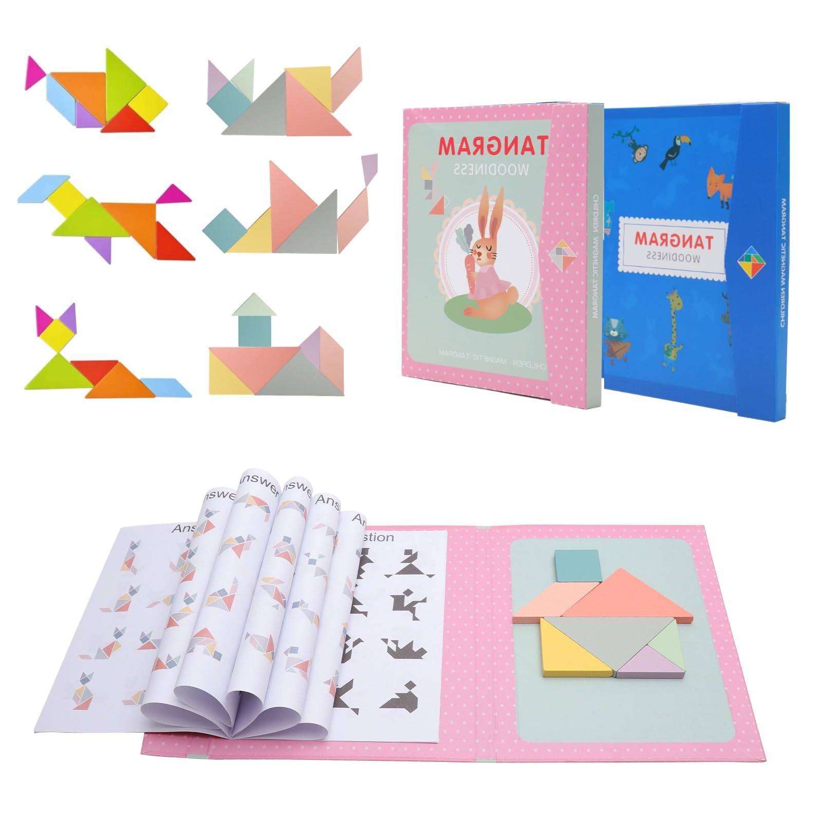 2SZT. Magnetyczny Tangram, Tangram Magnetyczna Gra dla Dzieci, Montessori IQ Gry i Zabawka Edukacyjna w Formacie Książki, Magnetyczne Gry Tangram z Drewna dla Dzieci od 3 Lat, Edukacyjna