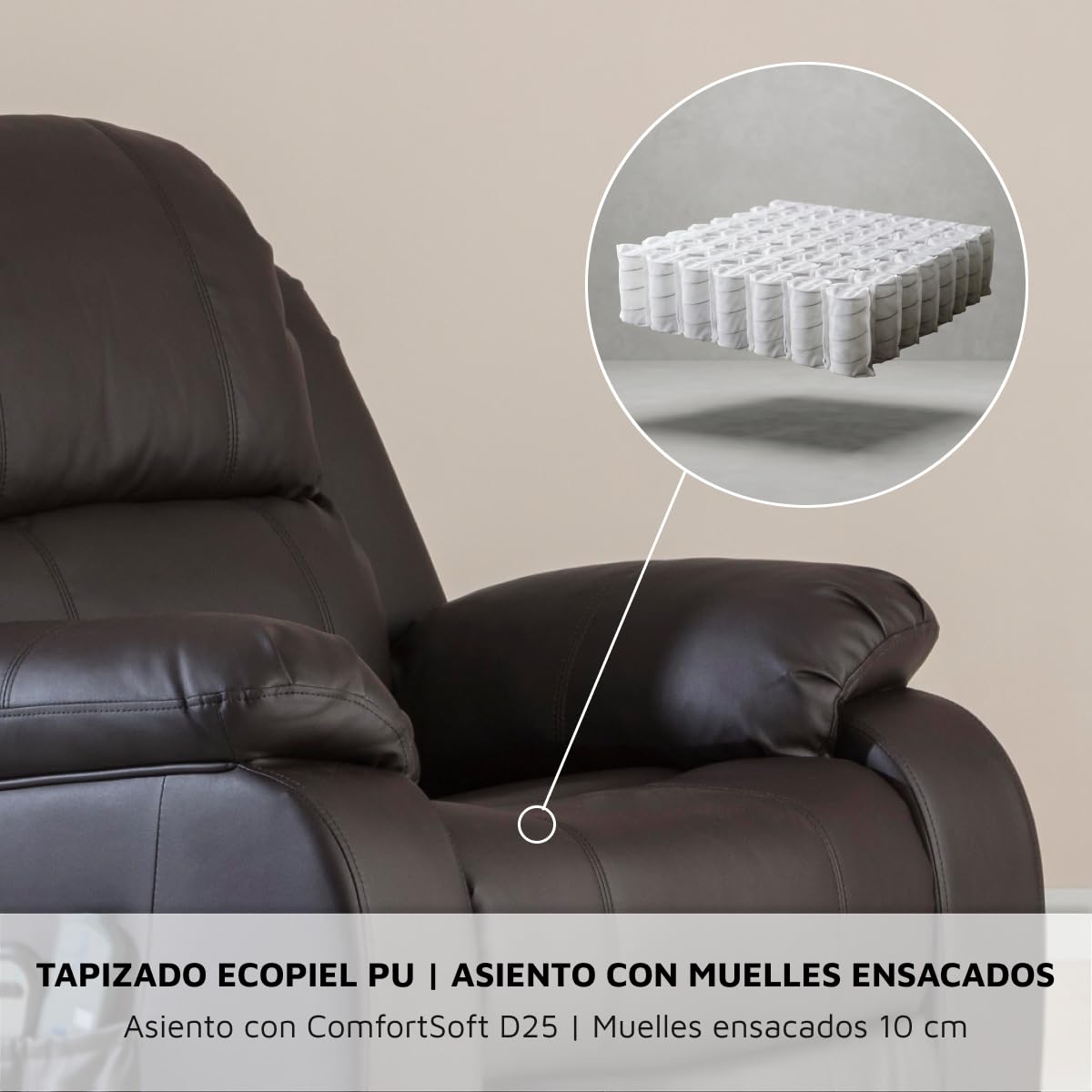 ZZ DON DESCANSO - Sillón Relax Reclinable Eléctrico Levanta Personas Trevi Choco, Reclinación 160º, 10 Programas, Temporizador, Calor Lumbar. Sillón Masaje 4 Zonas de Eco Piel PU. Incluye 2 Mandos