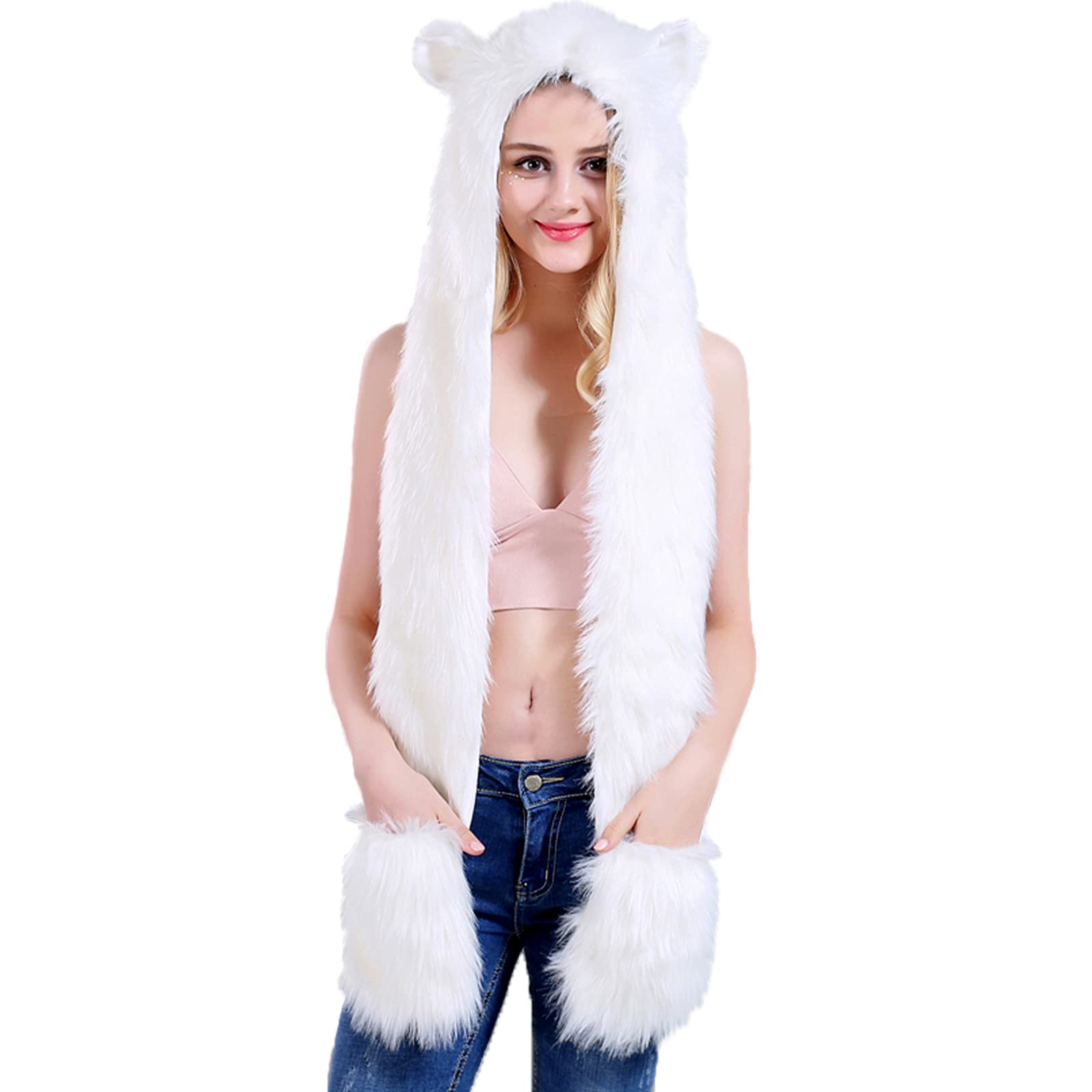Malaxlx Damen Herren Winter Kunstpelz Flauschig Pelzigen Tier Kapuze Mütze mit Ohren Schal Pfoten Prints Tasche Handschuhe 3 in 1 Combo