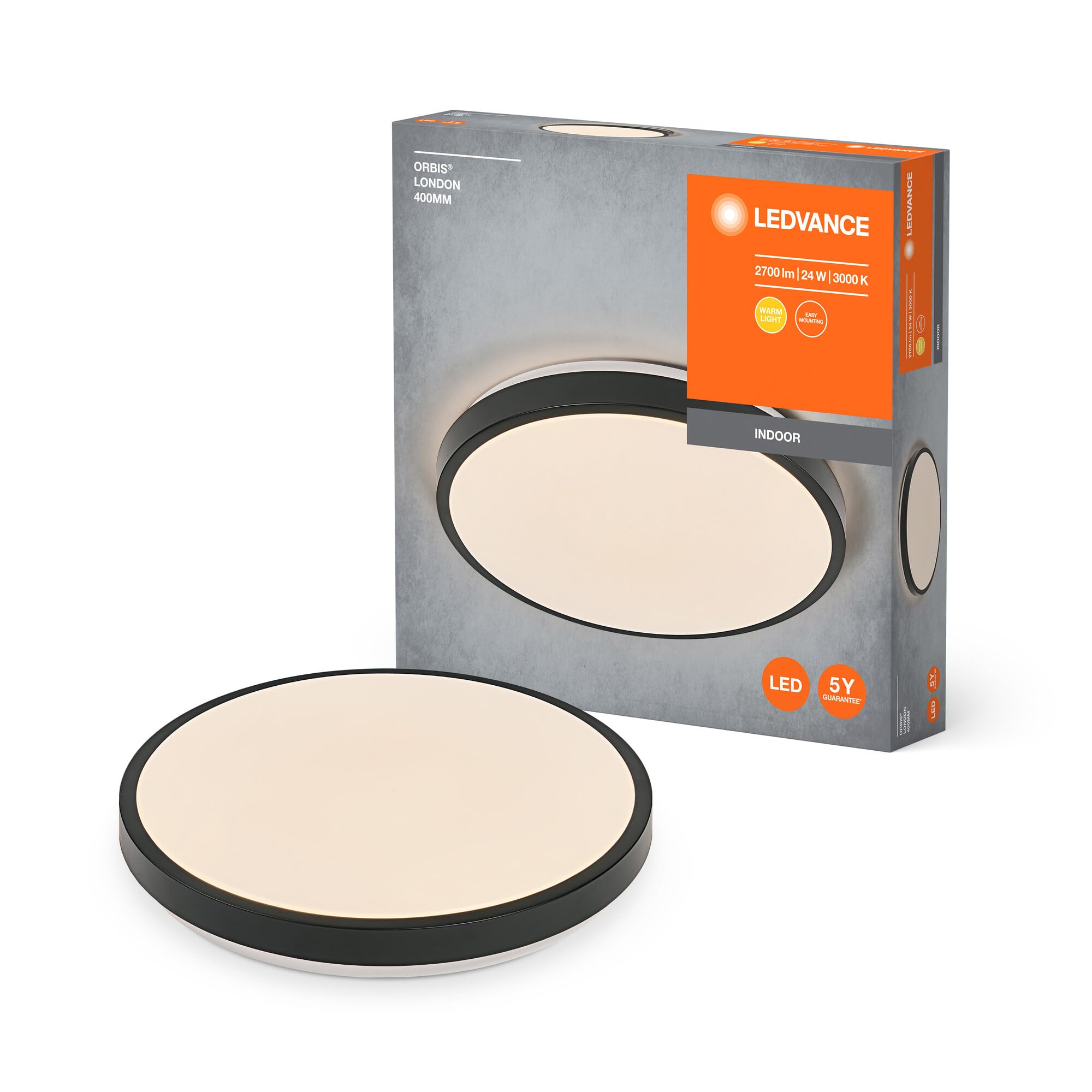 LEDVANCE Orbis London Led Ceiling Light 400Mm, Black, 24W, 2700Lm, Warm White Light Color, Very Homogeneous Light Distribution, Long Life, Non-Replaceable Led Module, Round, Ip20, 3000K