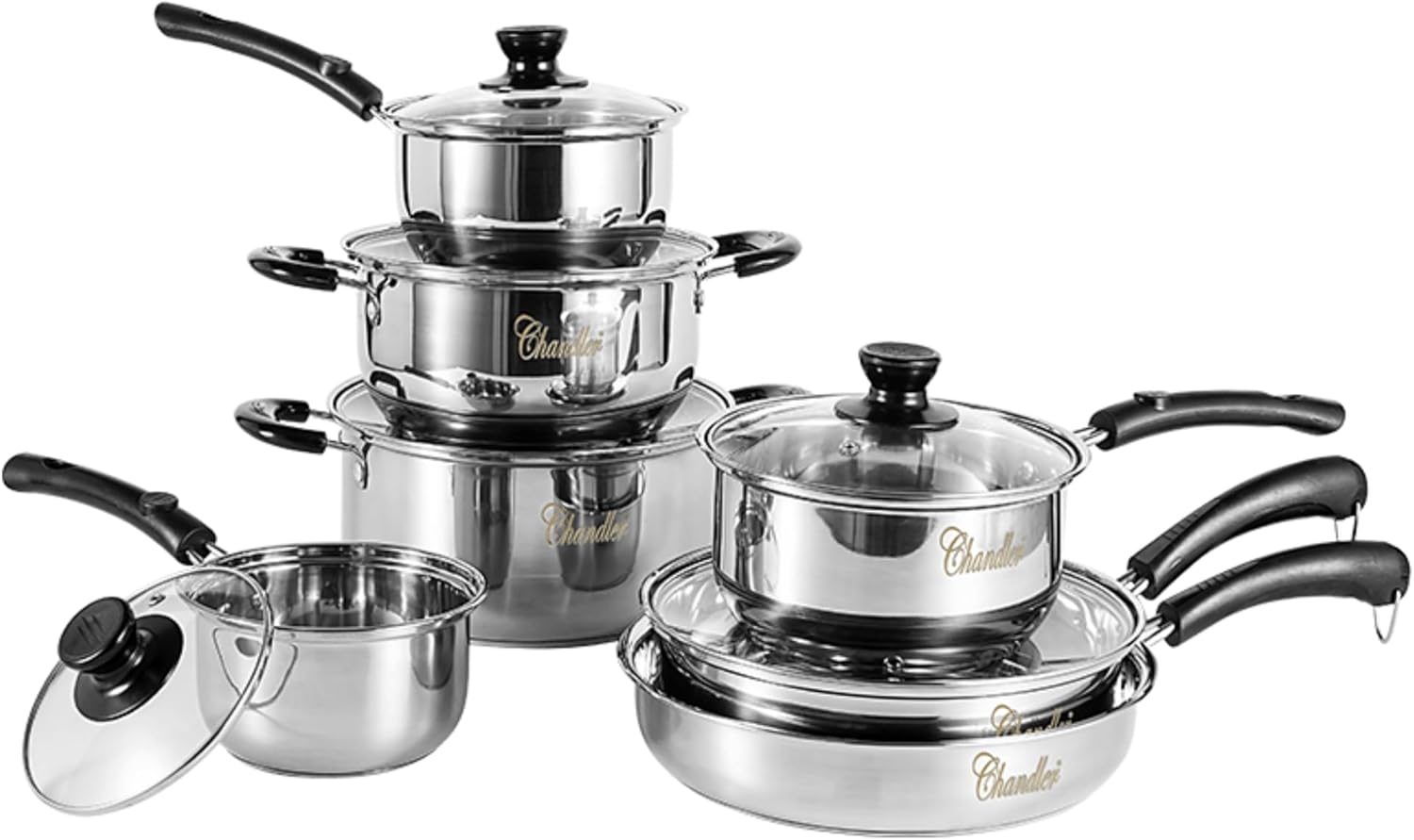 Chandler Stainless Steel Cookware Set, 13-piece Pots and Pans with Tempered Glass Lid - Cooking Set with Deep Pans, Saucepans & Pots Compatible for Family Meals (13-Pieces Stainless Steel)