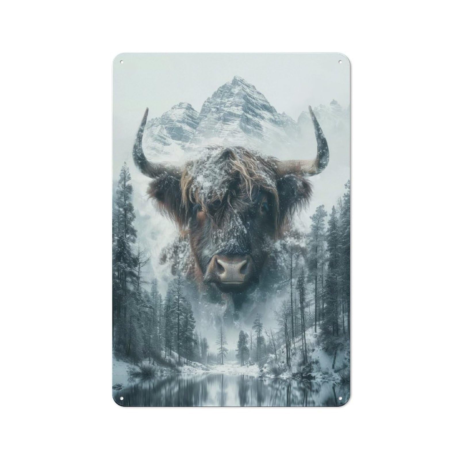 Junmoney Style-11 Tin Wall Plaque 30X20cm With Highland Cow Snow Mountain For Hallway Wall, Suited To Hallway Decor Lovers, For Retro Home Interiors