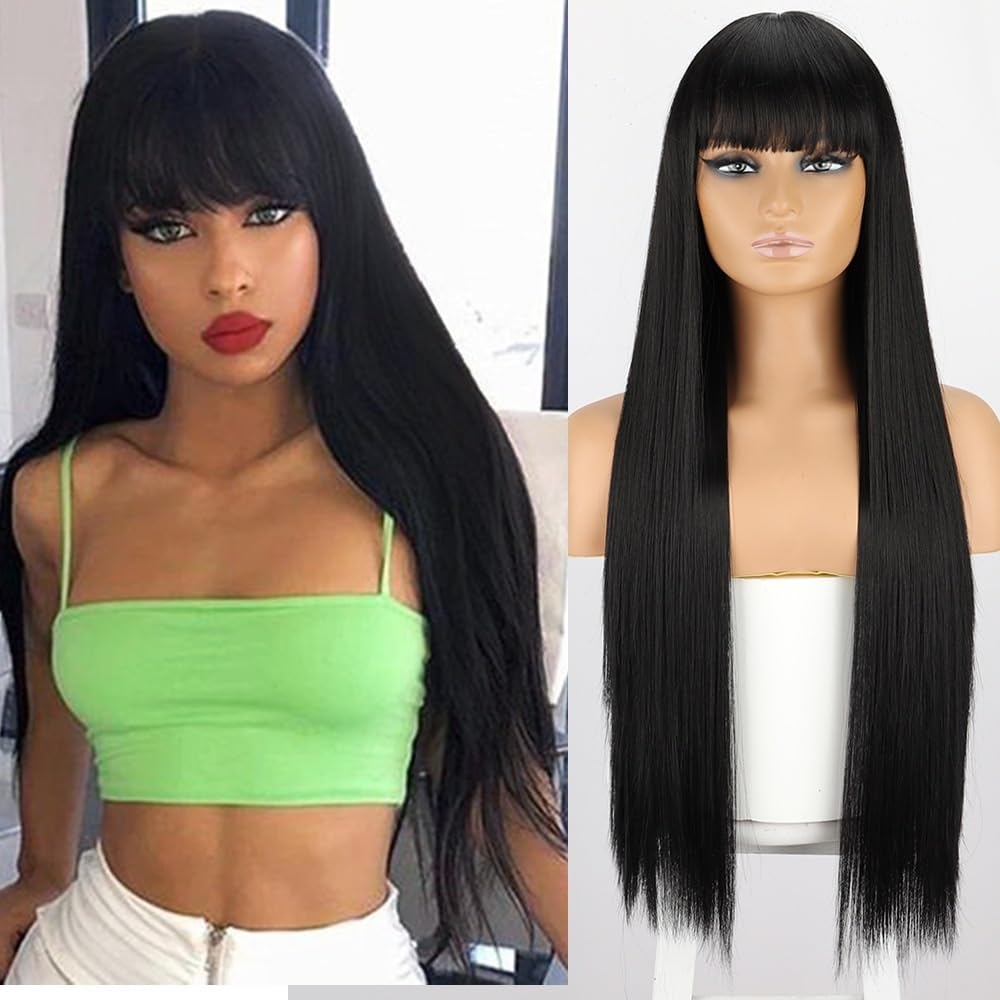 Perruque noire longue lisse à frange pour un look glamour en soirée