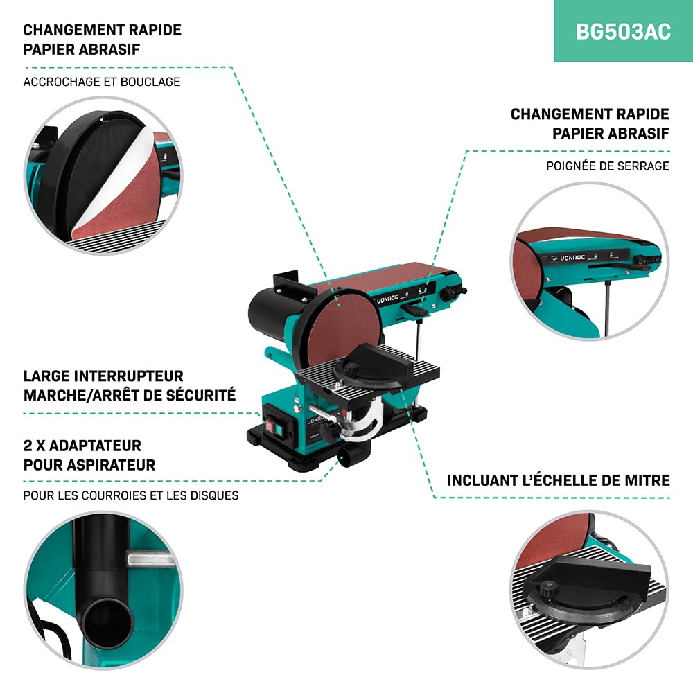 VONROC Ponceuse à bande et à disque 350W - Inclut 2x bande abrasive 100 x 915 mm (P80 et P120) et 2x disque abrasif Ø150 mm (P80 et P120)
