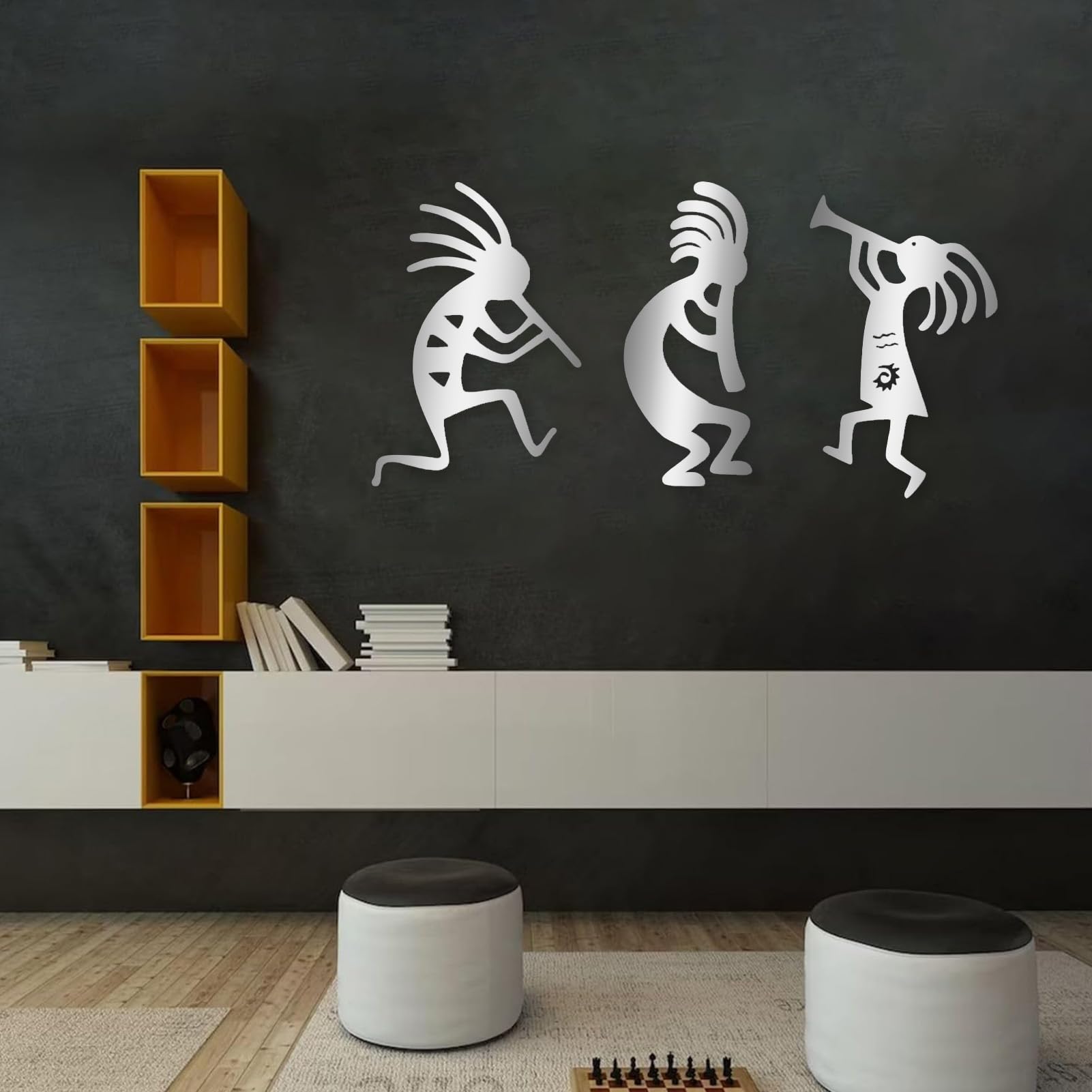 JOYHIVECC Kokopelli - Trio, decorazione da parete in metallo sud-ovest sud-occidentale, decorazione da parete per camera da letto, 3 pezzi, nero (inchhi
