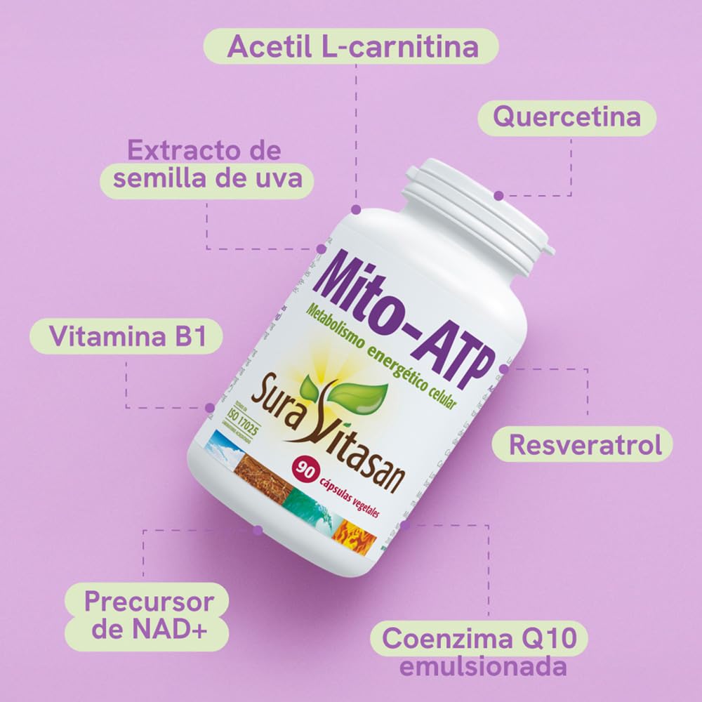 SURA VITASAN Mito-ATP 90 Cápsulas Soporte Mitocondrial con 7 Ingredientes | Acetil L-Carnitina, Ácido R-Lipoico, CoQ10 y Nicotinamida Ribósido (Precursor NAD+), para Energía Celular y Sistema Nervioso