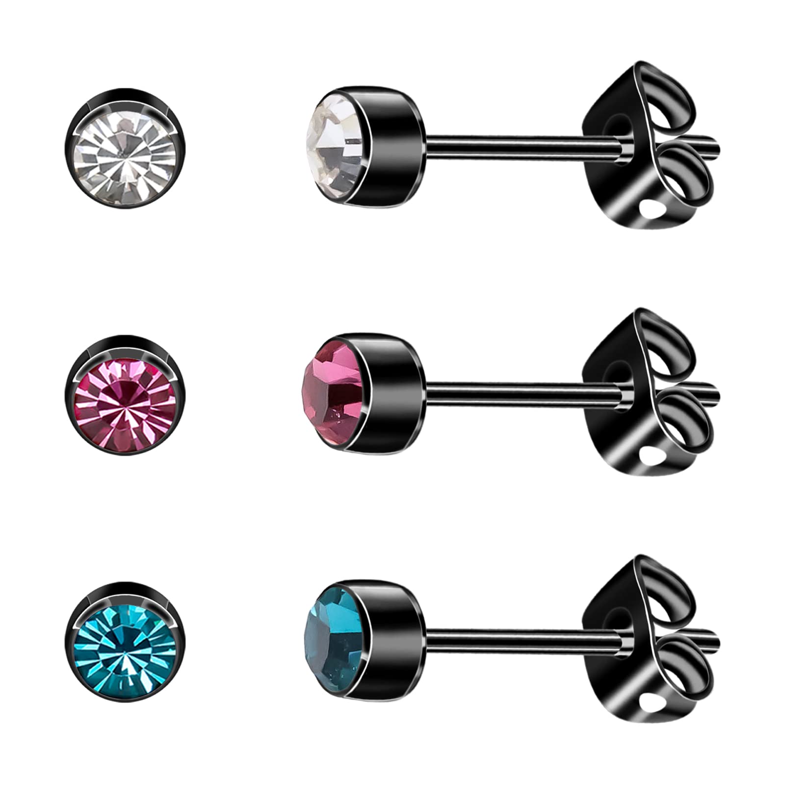 3 Paar/Satz Damen Ohrstecker Titan Mädchen Ohrringe Hypoallergen Kristall Herren Ohrringe 4 mm/5 mm Silber/Schwarz/Roségold/vergoldete Ohrringe